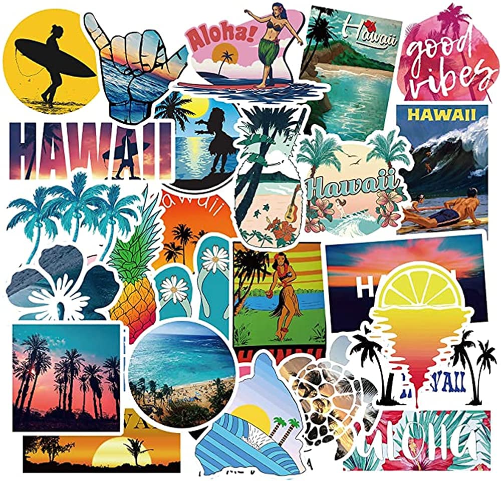 100 Pcs Hawaiian Summer Stickers - Waterproof Vinyl Decals for Surfboard, Water Bottle, Laptop & Luggage - Tropical Beach Vacation Decorations - Perfect Gift for Teens & Kids - Great for Scrapbooking, Skateboards & Refrigerators