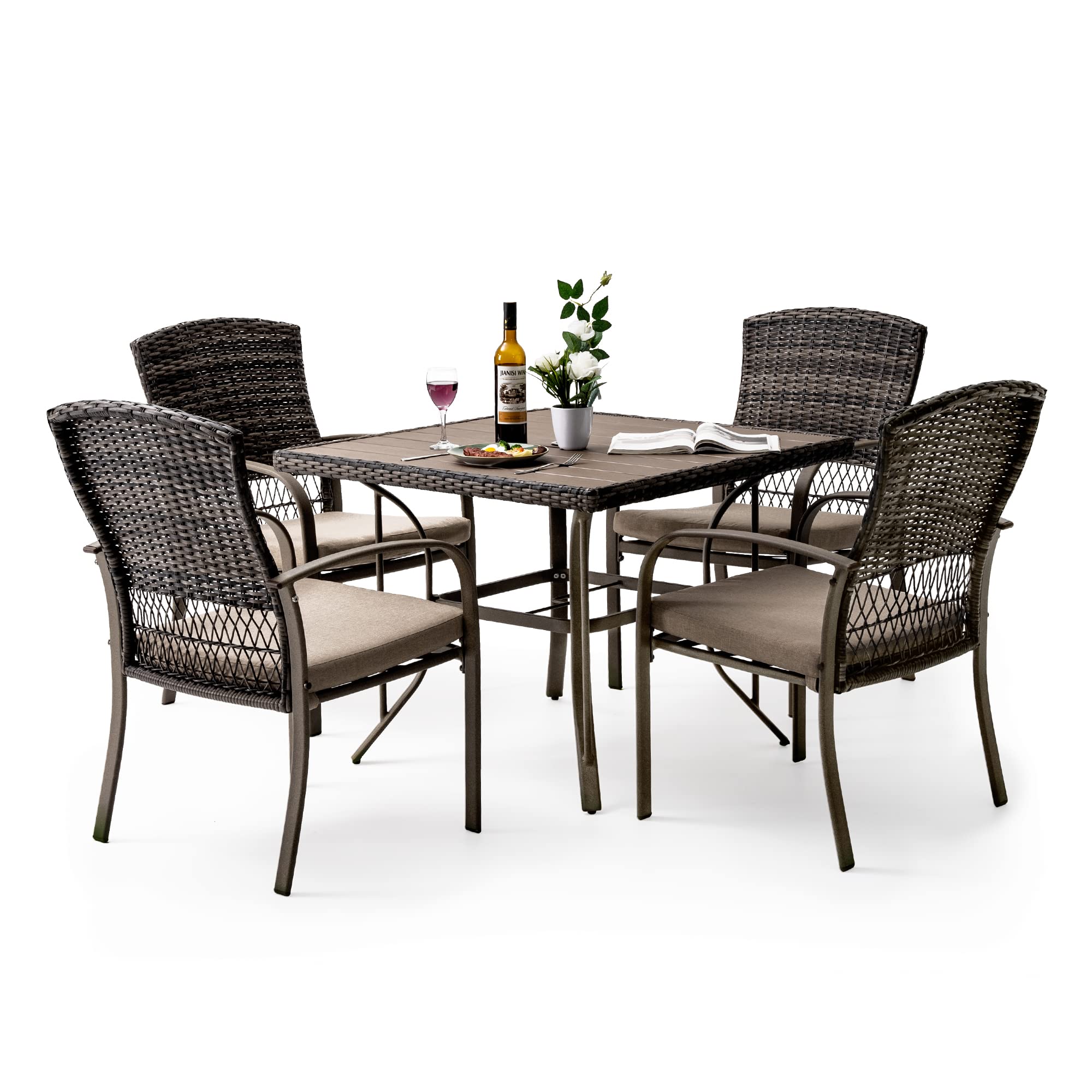 5-Piece Outdoor Patio Dining Set for 4 - All-Weather Wicker Furniture with Removable Cushions & 1.6