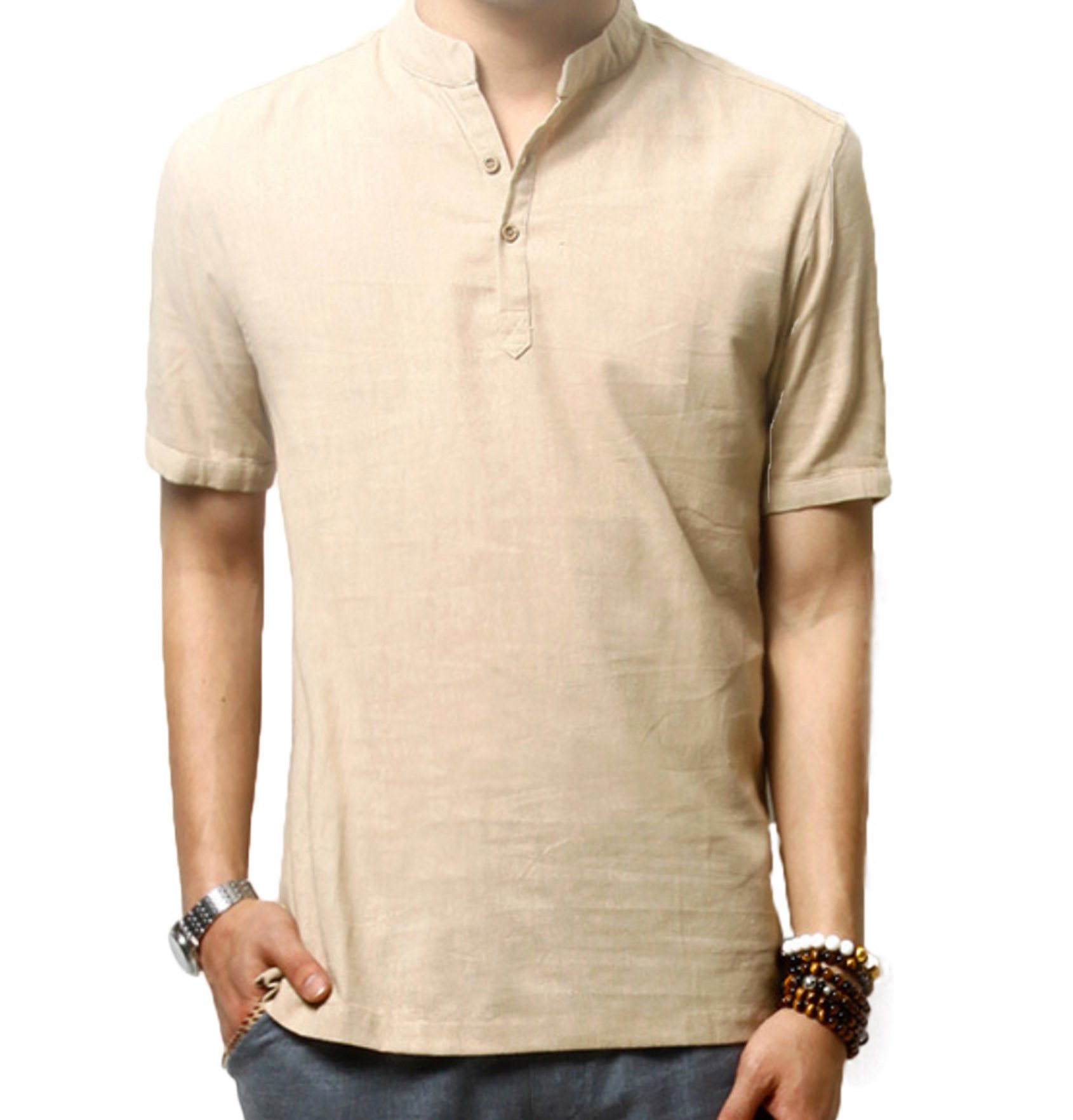 ZumZup Men's Short Sleeve Linen Shirt - Breathable Casual Henley Neck T-Shirt for Summer | Perfect for Beach, Travel & Outdoor Activities