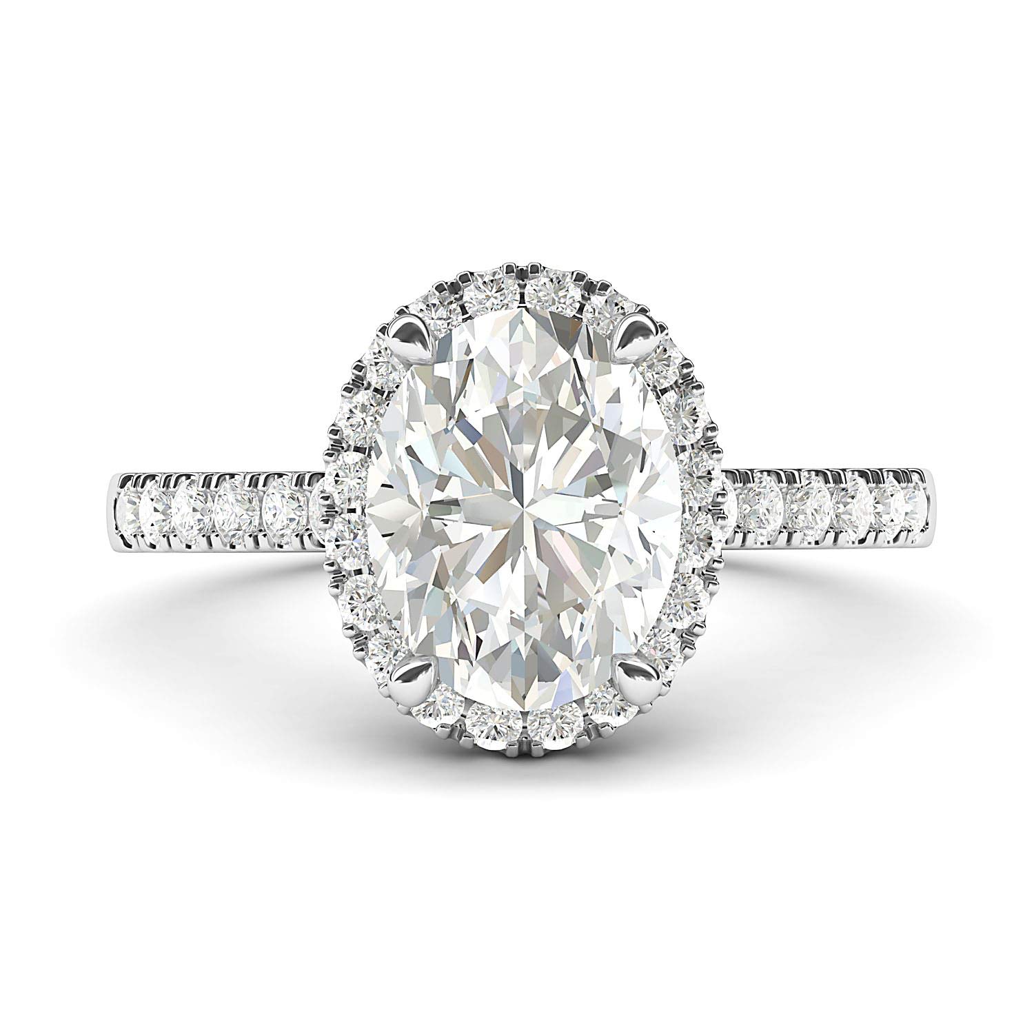 10K White Gold Oval Cut Simulated Diamond or Moissanite Halo Engagement Ring with Side Stones - Perfect Promise Ring for Bridal, Wedding & Anniversary Gifts
