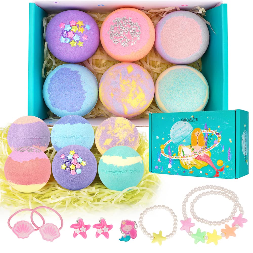 Canvalite Kids Bath Bombs with Surprise Toys Inside - Organic & All Natural Mermaid Gift Set for Girls & Boys, Bubble Bath Fizzes for Spa Fun - Perfect for Birthdays, Easter & Relaxing Bath Time