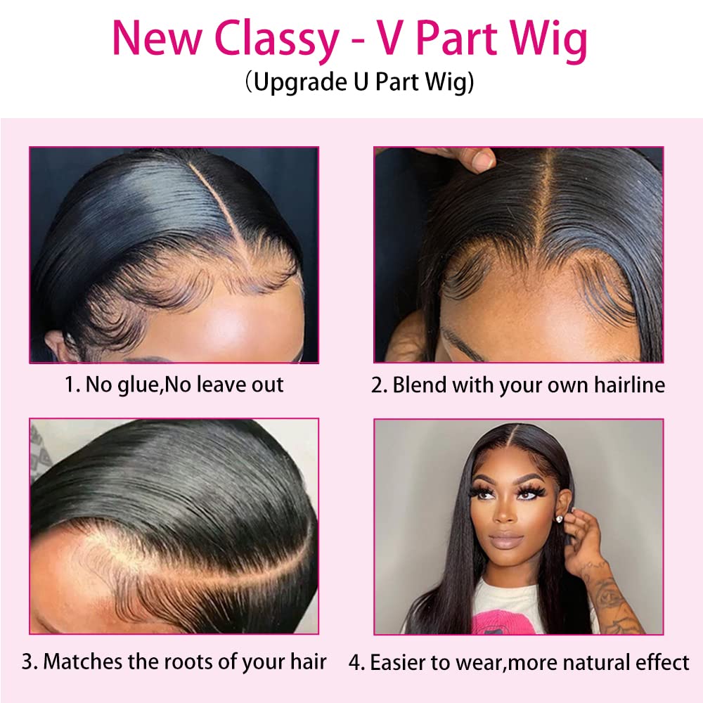 Glueless V Part Wig - 180% Density 30 Inch Brazilian Virgin Human Hair - Straight Clip In Half Wig for Black Women - No Leave Out Full Head U Part Wig - Perfect for Daily Wear, Special Occasions & Protective Styling