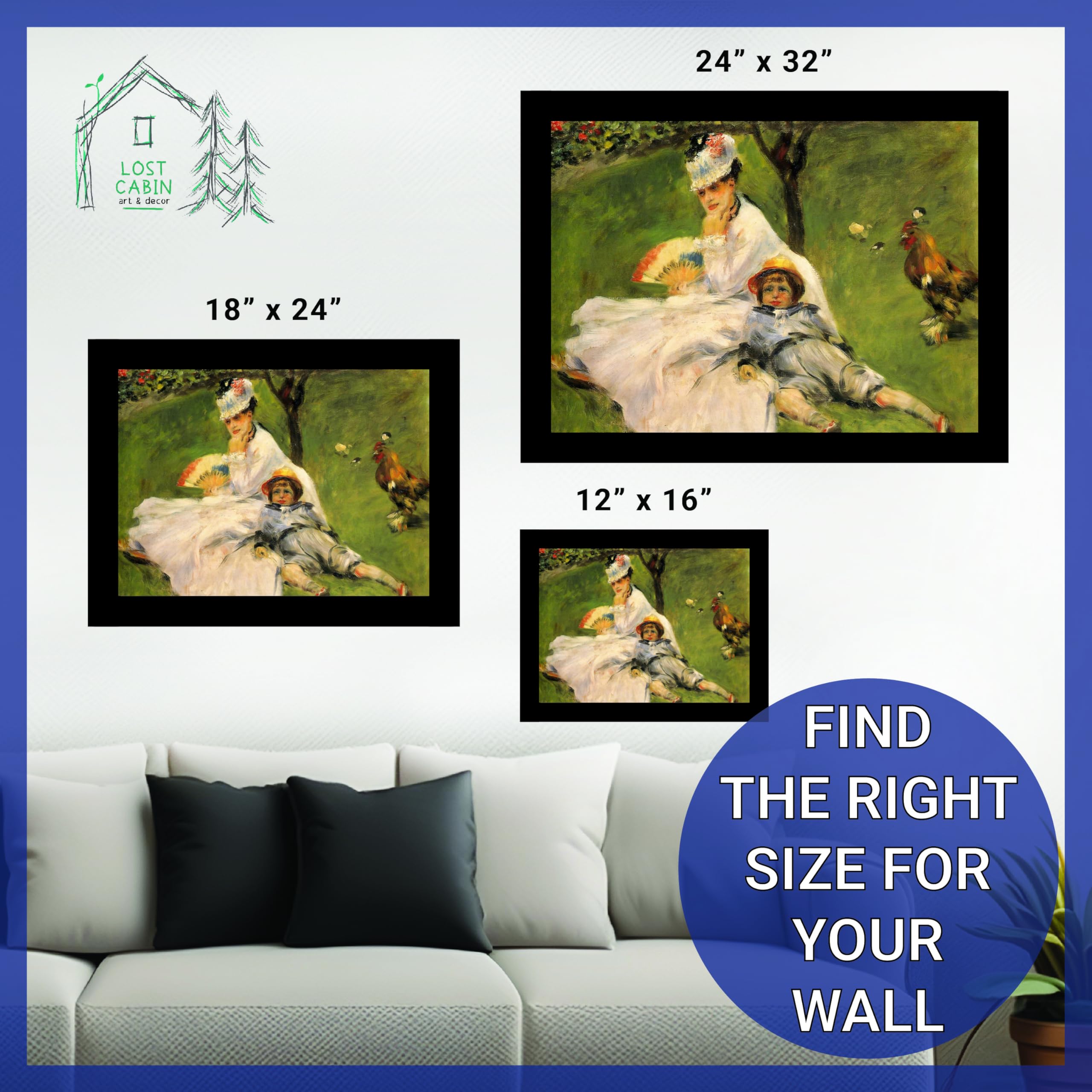 Claude Monet Lost Cabin Camille Monet and Her Son Jean Art Print - 14x20 Matted in Black Frame (20.5x26.5) - Fine Art Reproduction, Wall Decor for Living Room, Bedroom & Office - Perfect Gift for Art Lovers