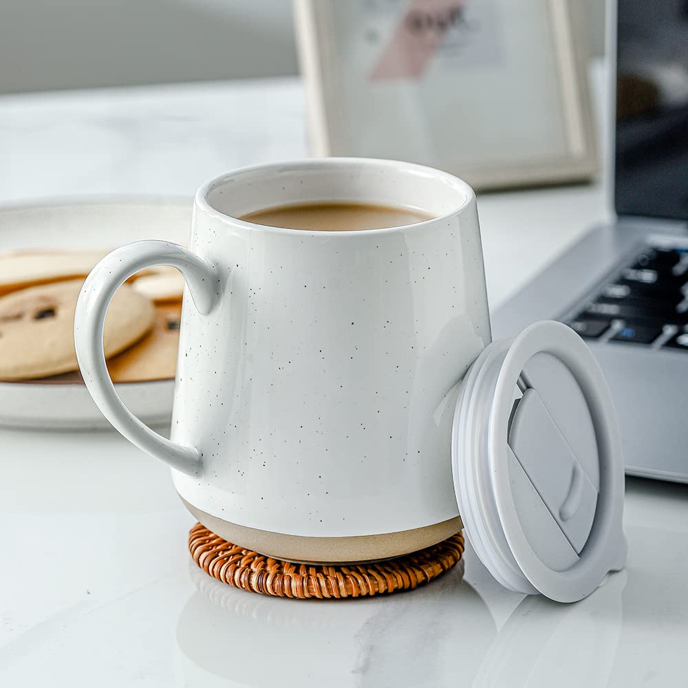 Premium 17oz Ceramic Coffee Mug with Lid - Set of 4 Farmhouse Style Mugs with Large Handle for Coffee, Tea & Hot Drinks - Perfect for Home, Office, Kitchen & Gifts (White)