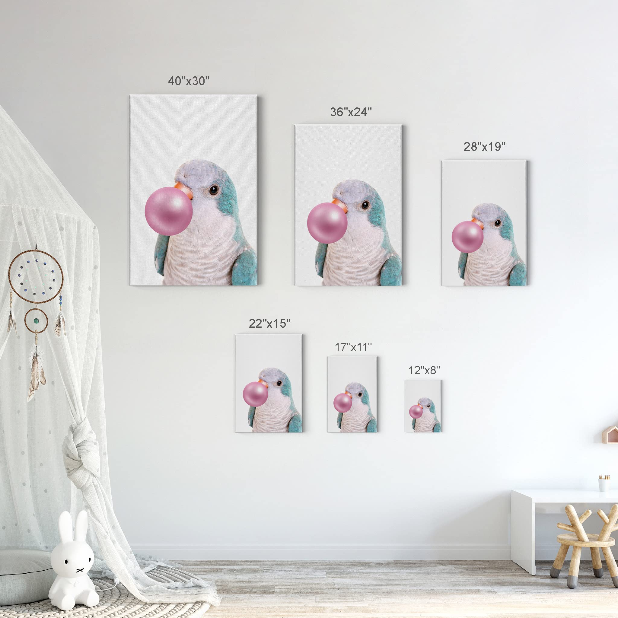 Monk Parakeet Quaker Parrot Chewing Pink Bubble Gum Canvas Wall Art Print - 36x24 Inch Pet Bird Lover Gift, Animal Pop Art Decor for Living Room, Bedroom, Nursery & Kids Room - Perfect for Bird Enthusiasts & Unique Home Decor
