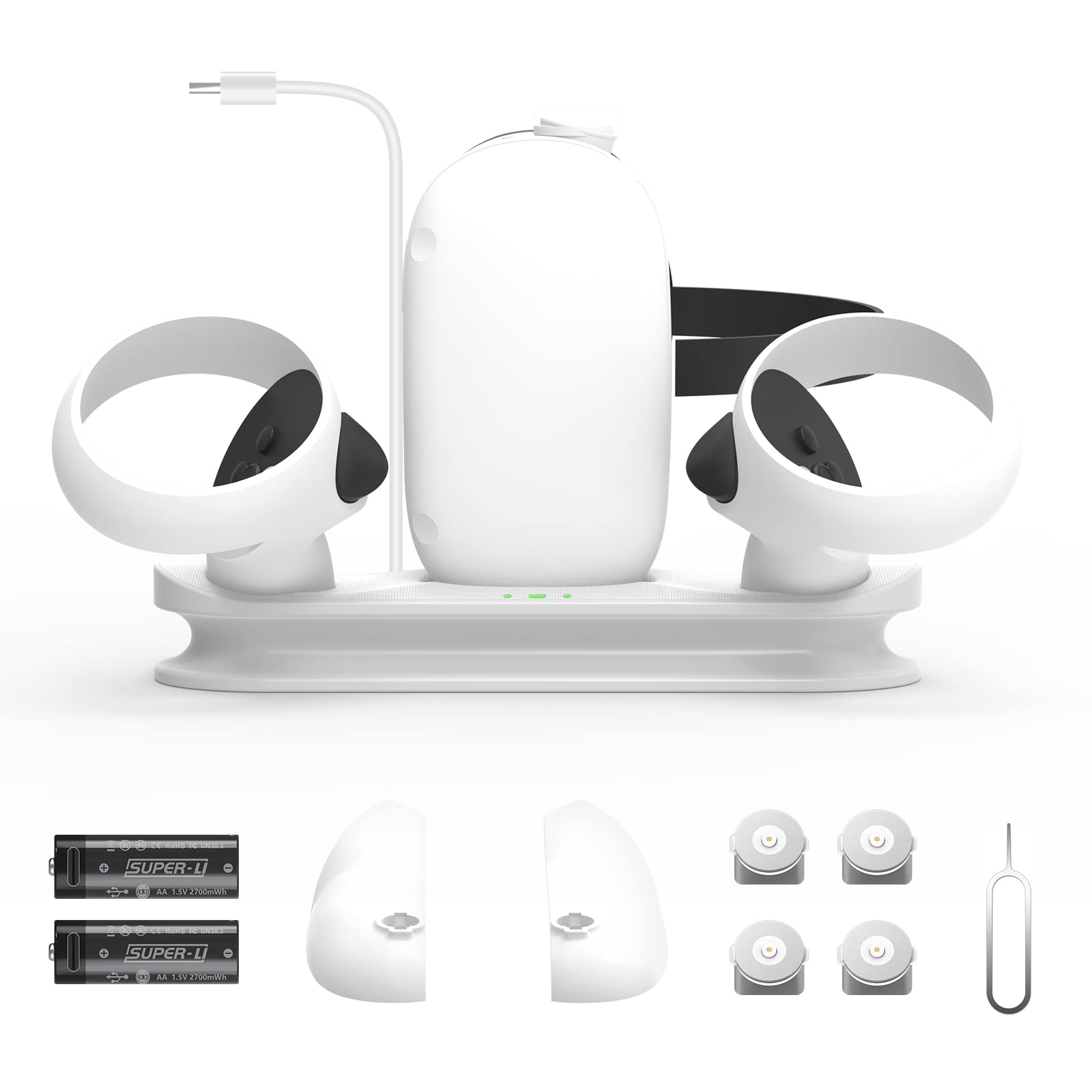 Meta/Oculus Quest 2 Charging Station with LED Light - Dual Controller Dock & Rechargeable Batteries - Magnetic Cable (Compatible with Elite Strap) - Perfect for VR Gaming Setup & Headset Storage