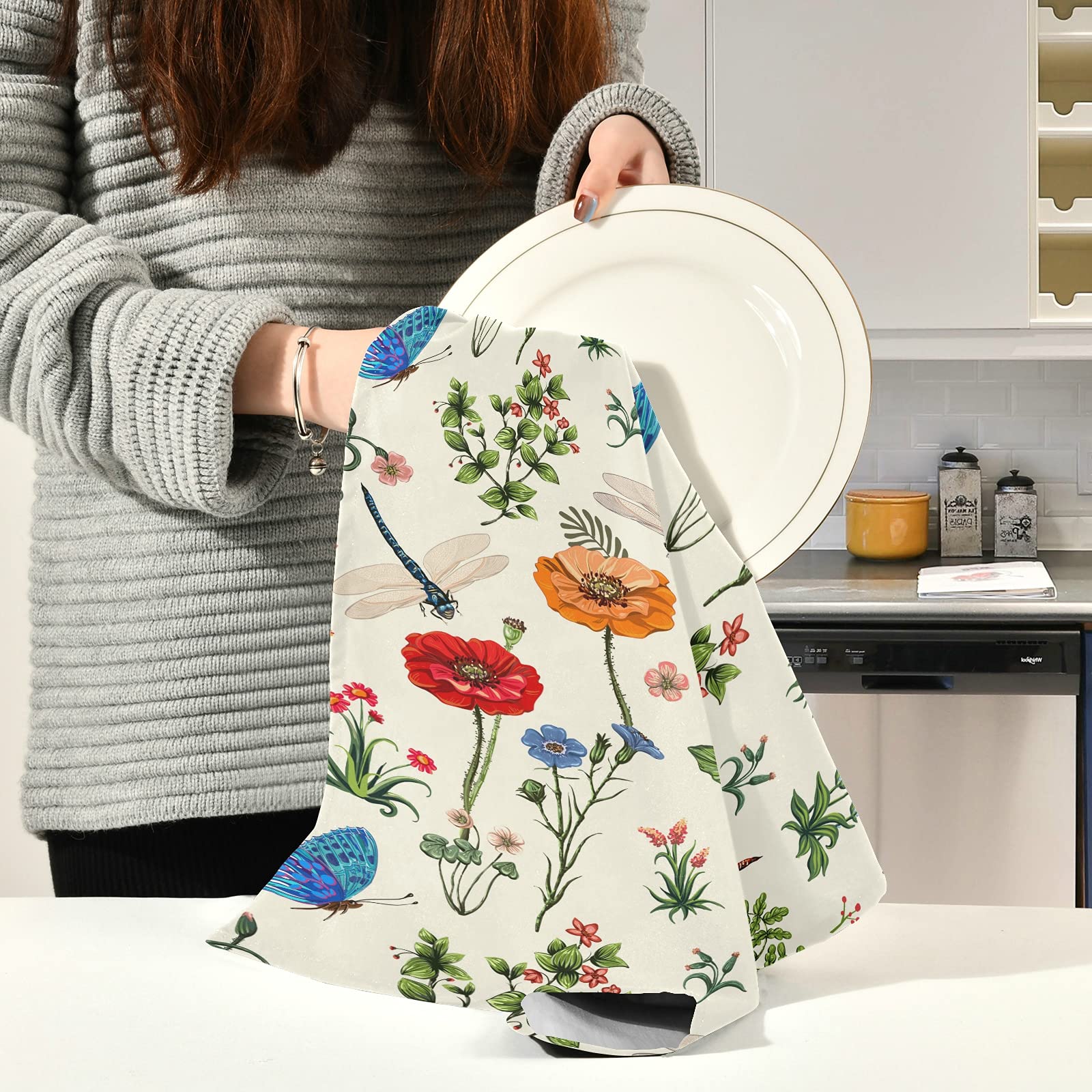 Premium 18x28 Inch Super Absorbent Lint-Free Kitchen Towels Set of 4 - Floral Design with Dragonfly, Butterfly, Sunflower & Carnation Patterns | Soft Dish Cloths for Tea Bar, Bath & Kitchen Accessories | Perfect for Daily Cleaning, Dish Drying & Home Decor
