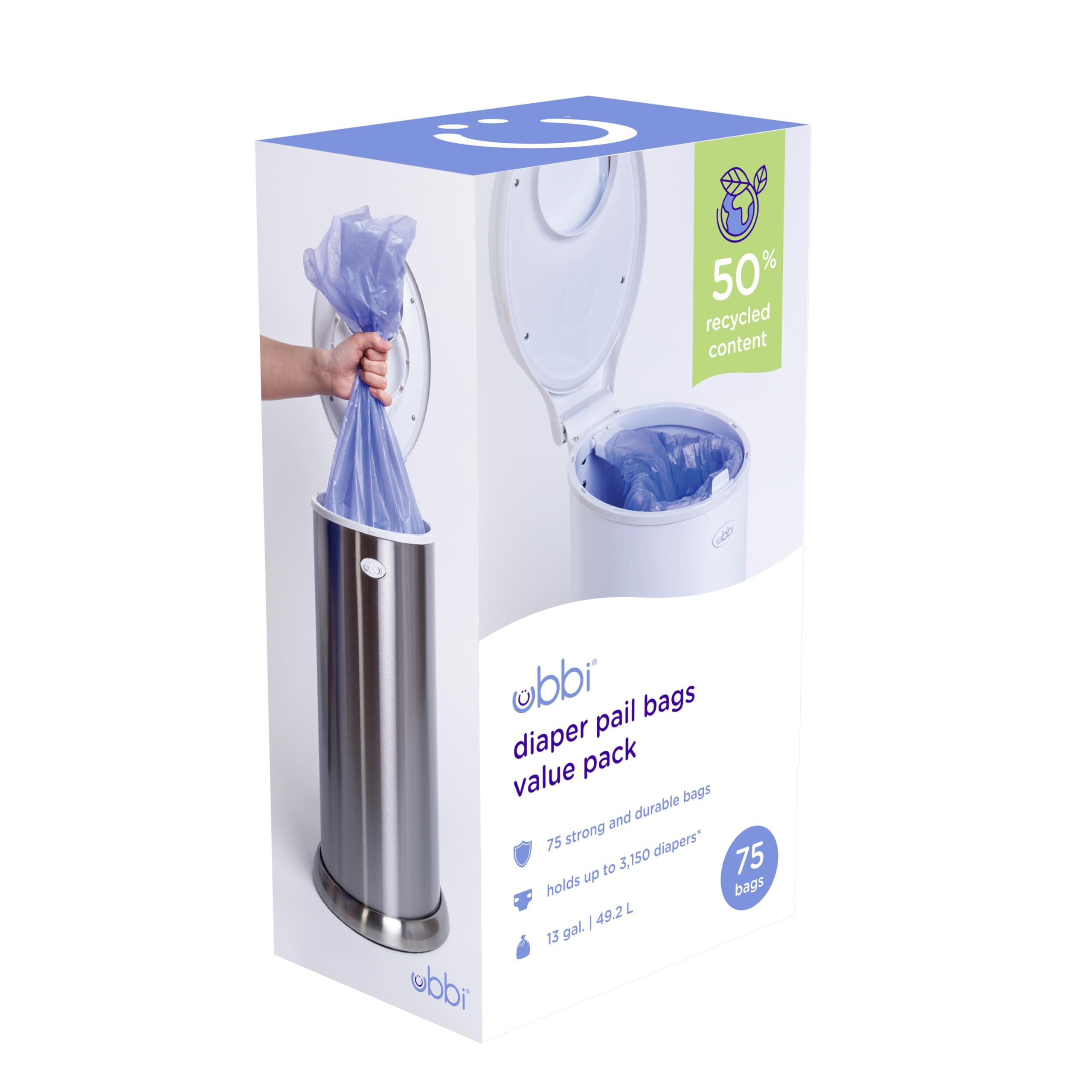 Ubbi Diaper Pail Refill Bags - 13 Gallon Disposable Baby Waste Bags, 3 Pack (75 Count) - Odor Control for Diaper Disposal, Perfect for Nursery, Daycare & Travel Use