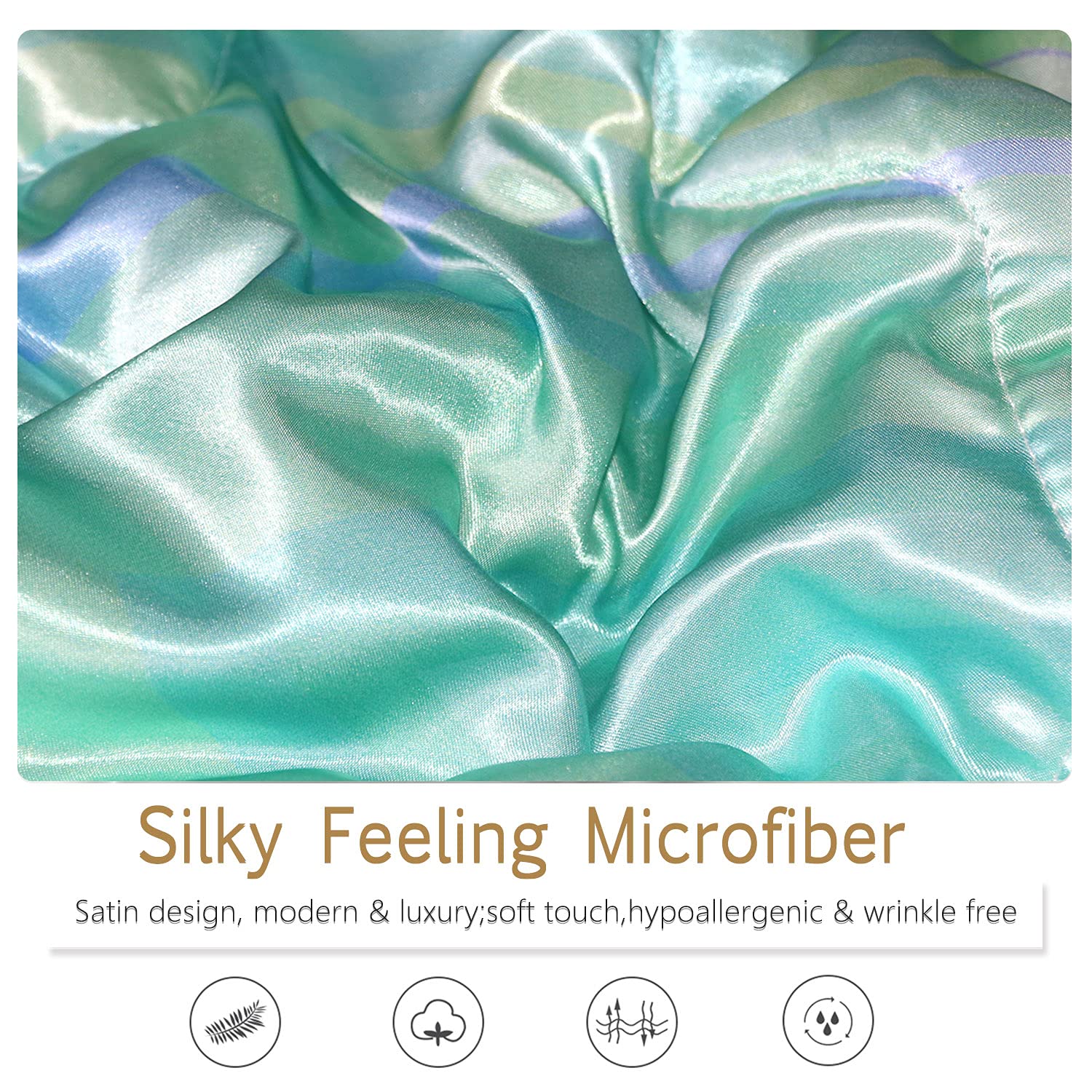BlessLiving Peacock Feather Satin Comforter Set 3-Piece King Size - Aqua Blue & Turquoise Silky Bedding with Sparkly Bird Design | Luxurious Bedroom Decor for Master Suite, Guest Room & Bohemian Style Homes