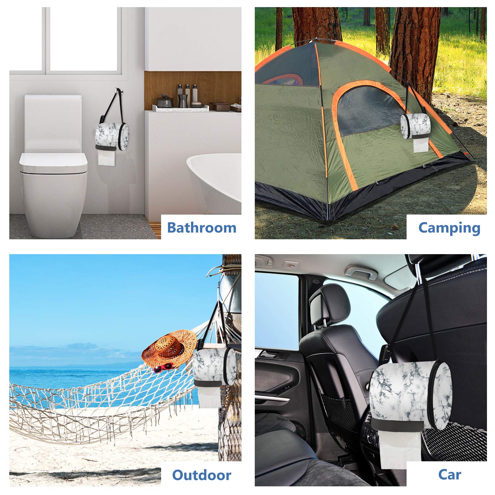 Waterproof Hanging Toilet Paper Holder - Portable Foldable Roll Tissue Dispenser with Strap for Camping, Bathroom, Hiking & Travel - Marble Design Toilet Paper Protector & Storage Case
