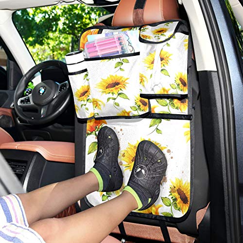 WELLDAY Car Backseat Organizer with Large Sunflower Design - Trunk Storage Organizer with Multiple Pockets, Kick Mats Protector for Kids & Toddlers (1PC) - Perfect for Road Trips, Family Travel and Daily Commute