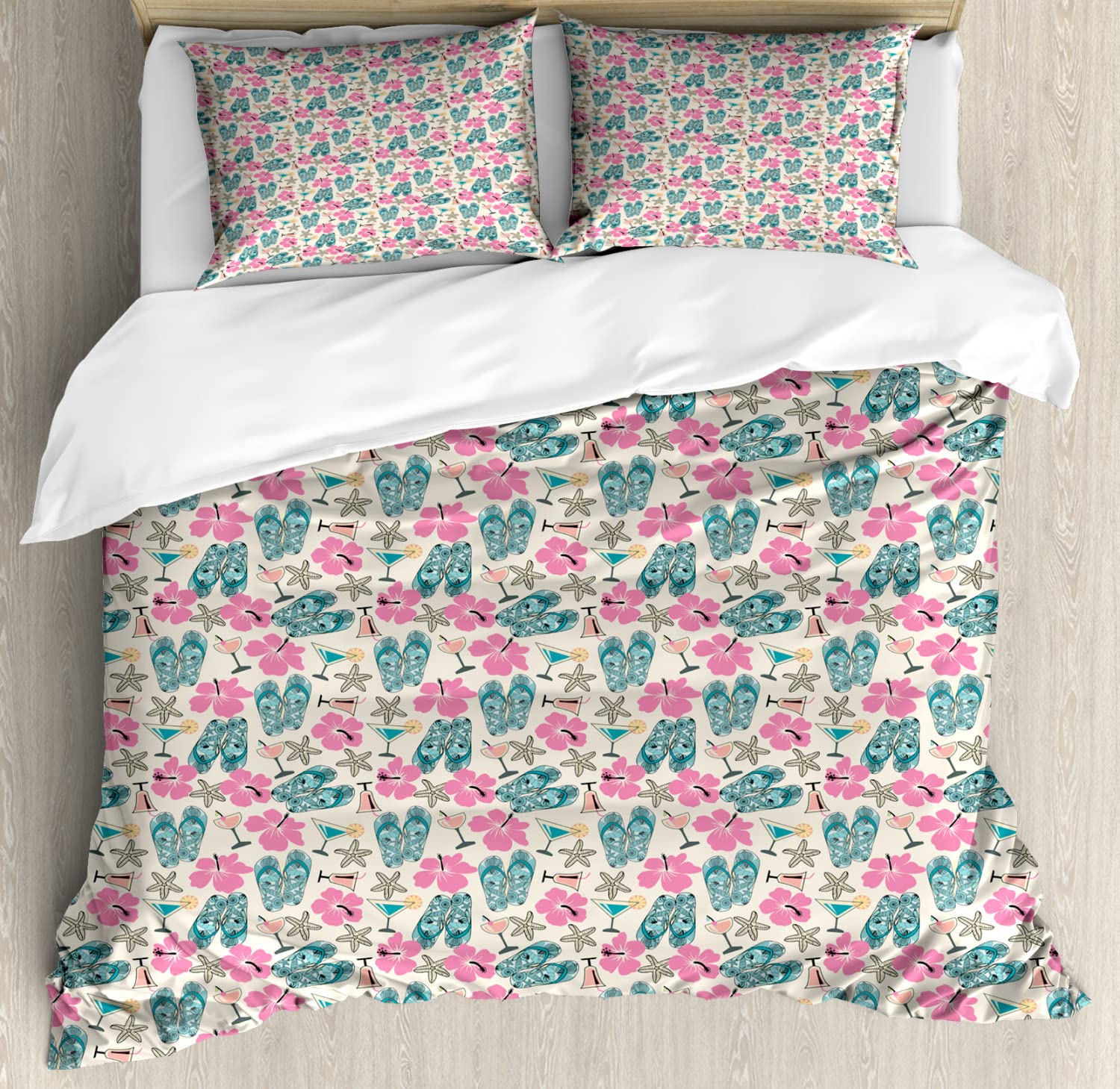 Ambesonne Tropical Duvet Cover Set King Size 2-Pack - Summer Beach Theme with Flip Flops, Hibiscus & Starfish Sketch Design - Includes 2 Duvet Covers & 4 Pillowcases - Vibrant Multicolor Bedding for Coastal & Vacation Home Decor