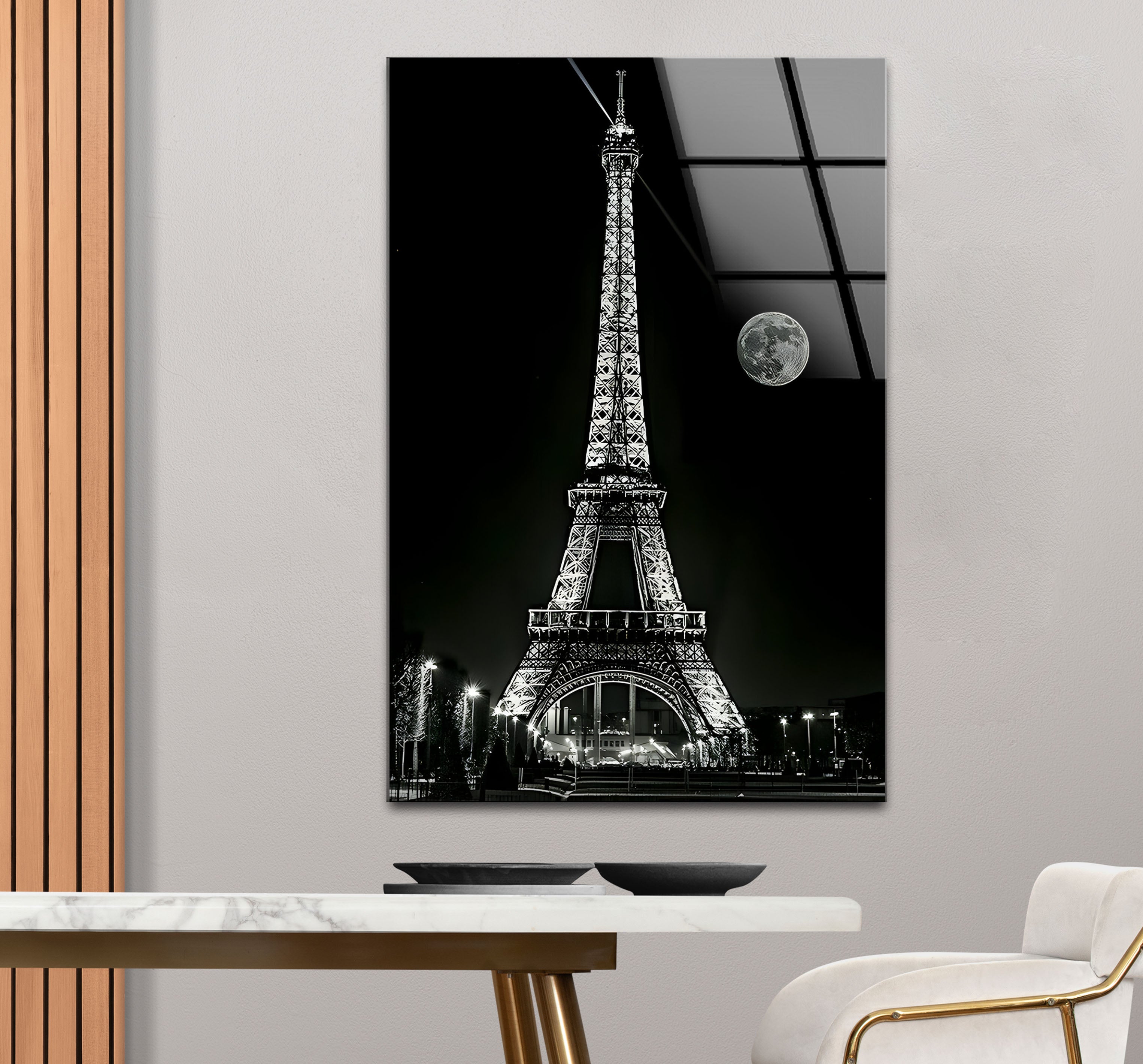 Elegant Black and White Eiffel Tower Glass Wall Art - Parisian Home Decor for Living Room, Bedroom & Office