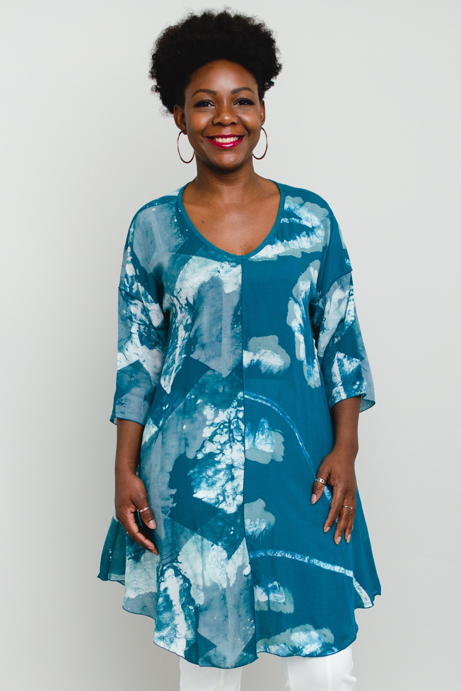 Gayle Top - Teal Mist Batik Art Print Women's Blouse for Casual Wear & Boho Style Outfits