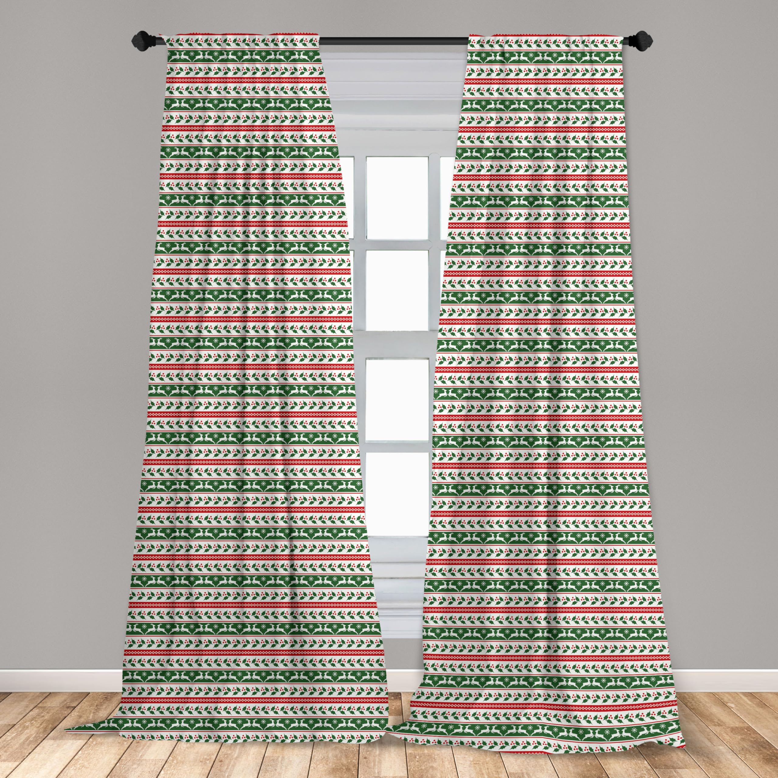 Ambesonne Christmas Curtains - Jumping Reindeers Border with Xmas Mistletoe & Poinsettia Flowers, 2 Panel Window Treatments Set (28