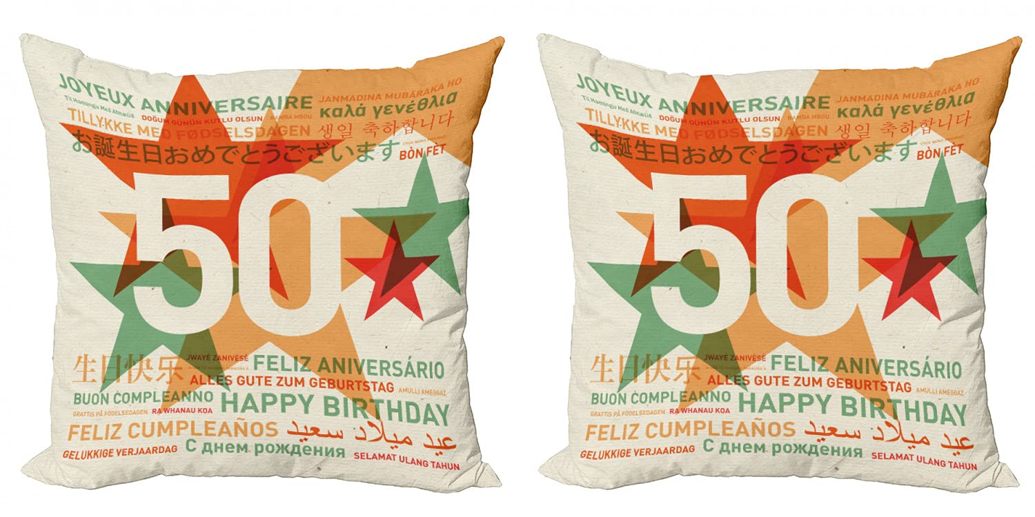 Ambesonne 50th Birthday Decorative Throw Pillow Covers Pack of 2 - Multilingual Happy Birthday Retro Star Print - 18 Inch Cushion Covers for Sofa, Bed & Living Room - Green Red Orange - Perfect for Birthday Parties & Home Decor