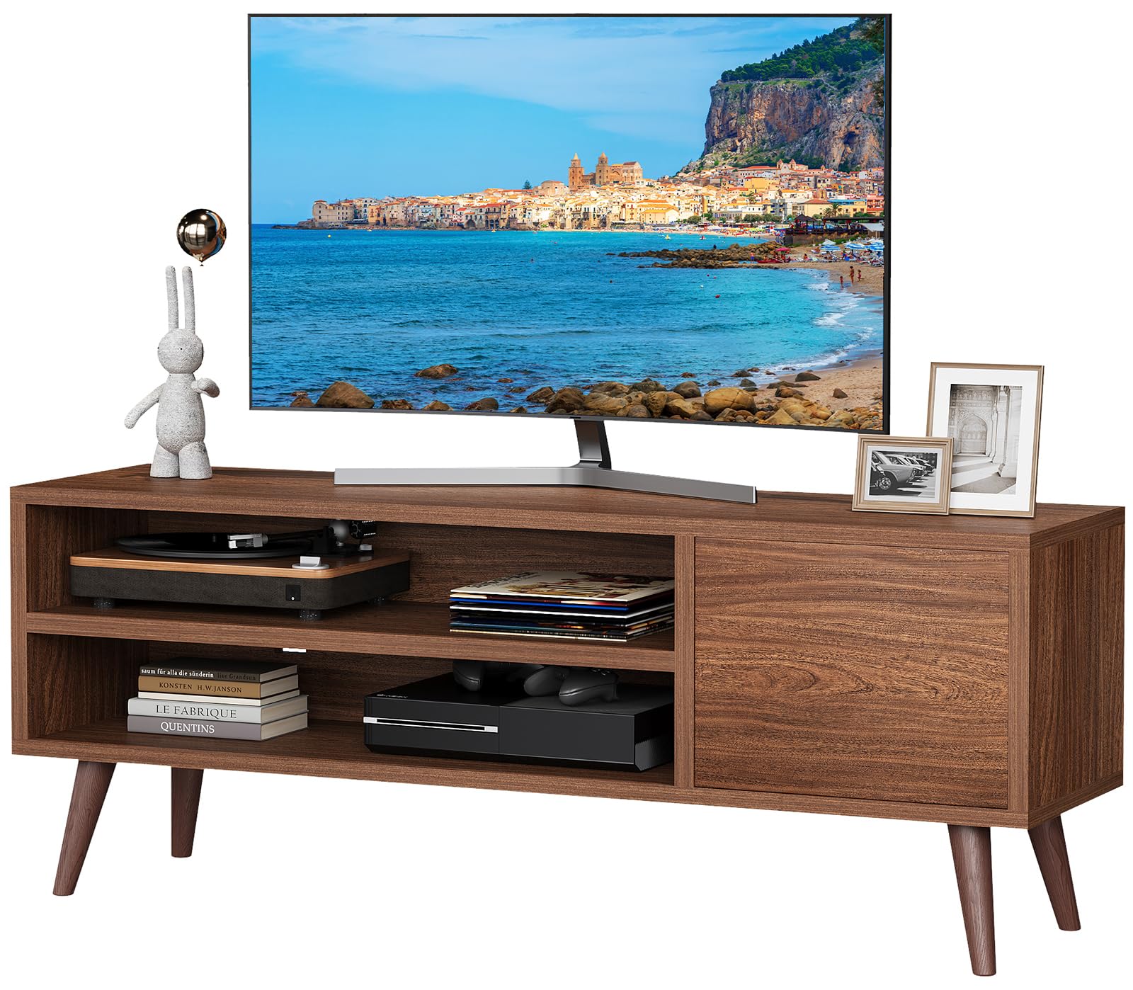 55 Inch Mid Century Modern TV Stand with Storage - Retro Wooden Entertainment Center for Living Room & Bedroom - Organize TV, Gaming Consoles & Media Cable Boxes - Perfect for Home Theater Setup & Family Movie Nights