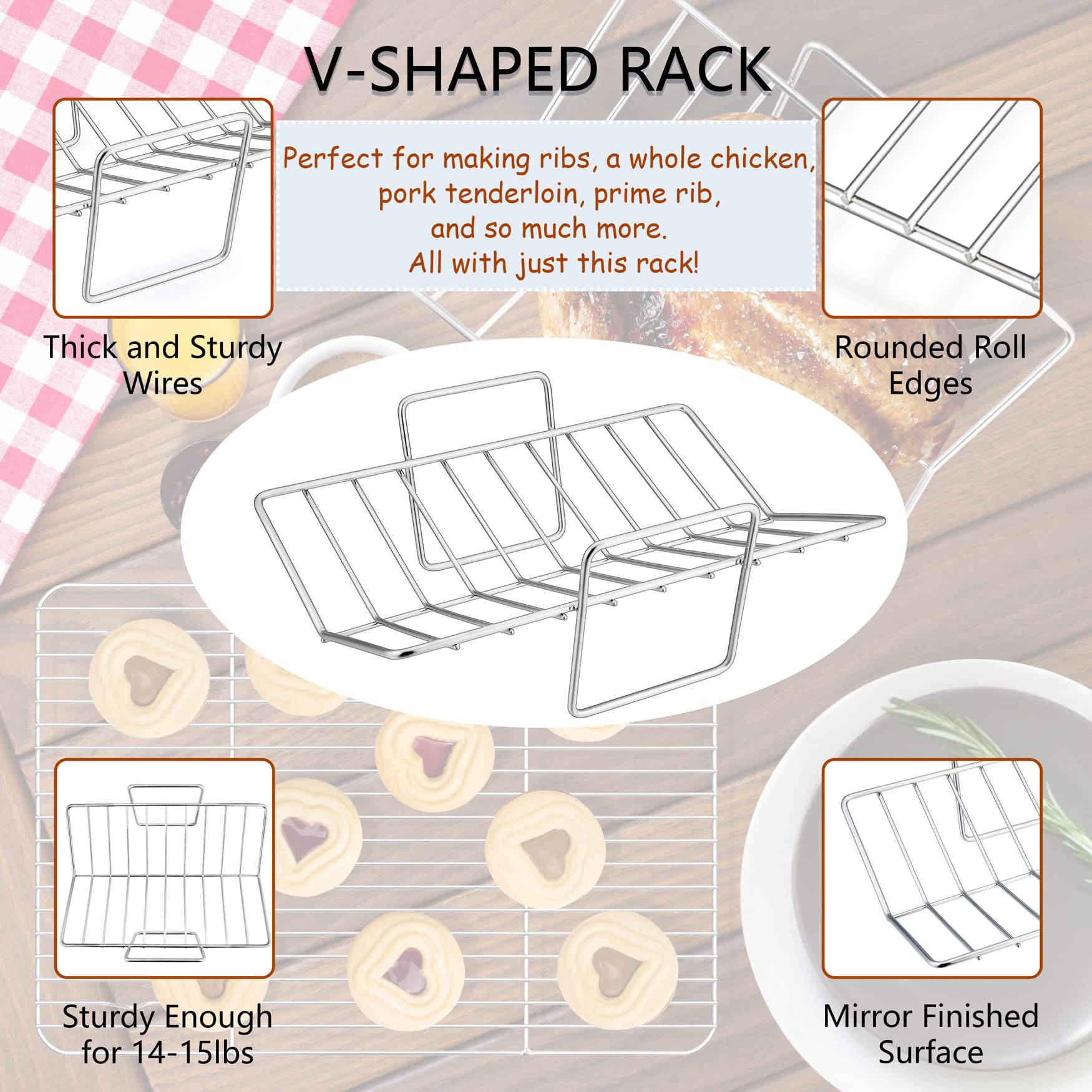 14 x 10.6 Inch Stainless Steel Roasting Pan with V-Shaped Rack & Flat Cooling Rack - Oven Safe Turkey Roaster for Thanksgiving, Christmas Dinner & Holiday Cooking - Dishwasher Safe & Durable for Easy Cleanup