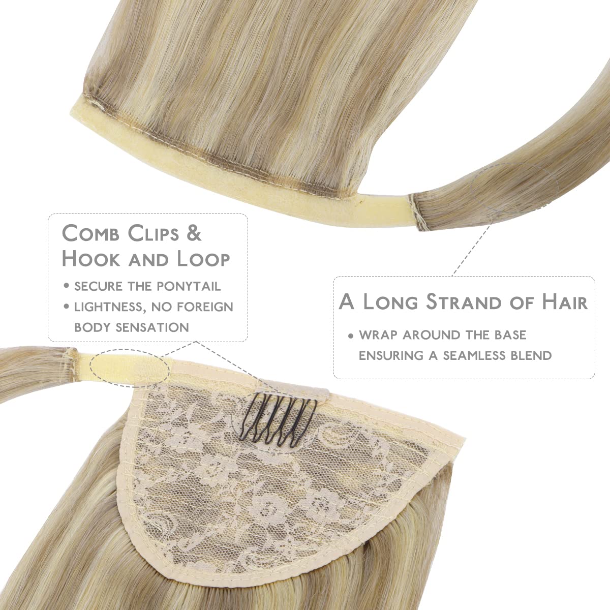 WENNALIFE 22 Inch Clip-In Ponytail Hair Extension - 80g Light Blonde Highlighted Golden Blonde Human Hair - Remy Hair Wrap Around Ponytail for Women - Perfect for Parties, Weddings & Daily Styling