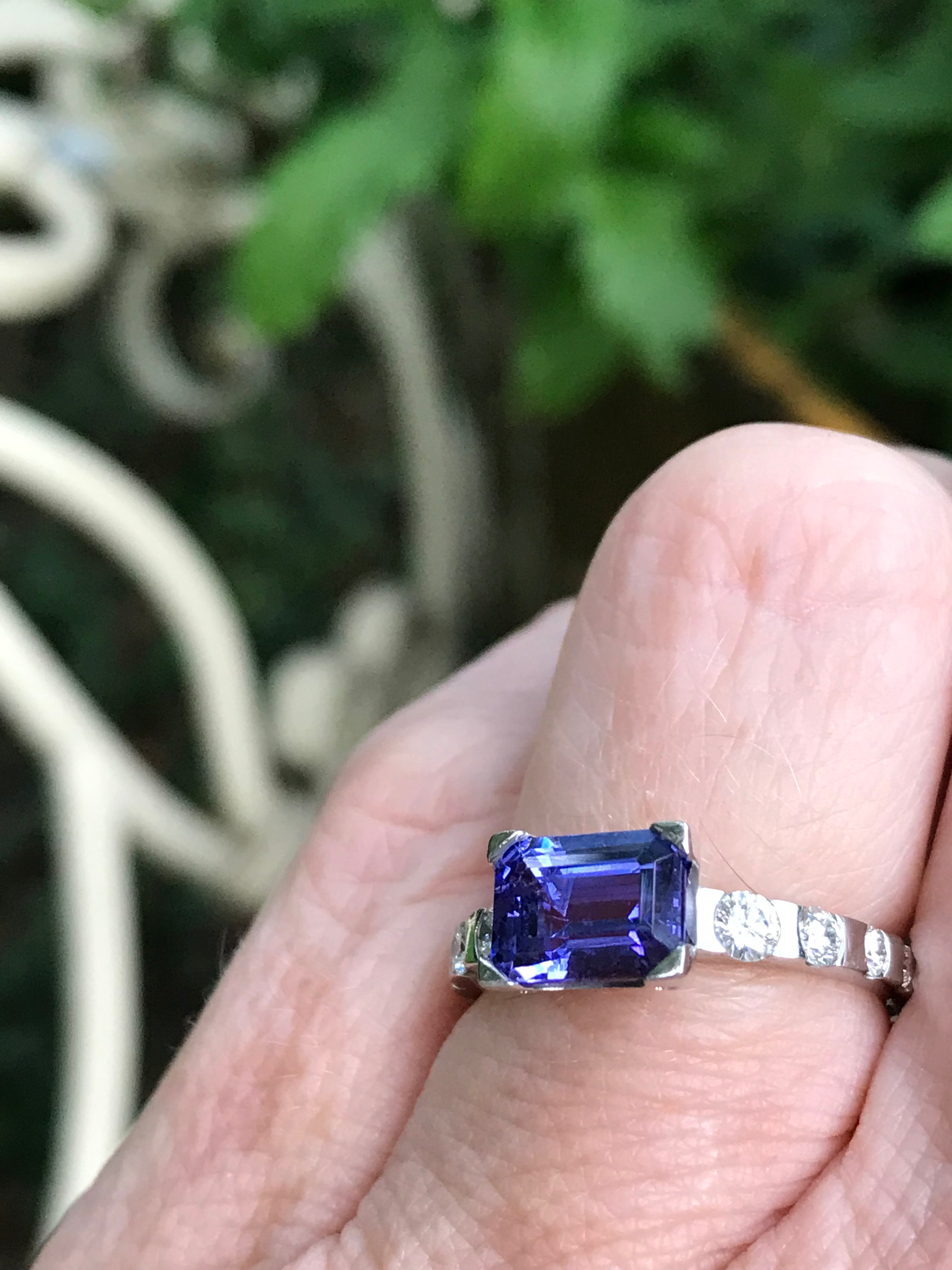 Exquisite Platinum Tanzanite Ring with Diamond Shoulders - Elegant Jewelry for Weddings, Anniversaries & Special Occasions
