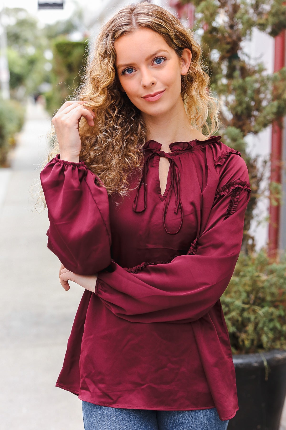 Elegant Burgundy Satin Blouse with Frill Detail & Tie Neck - Perfect for Holiday Parties & Special Occasions