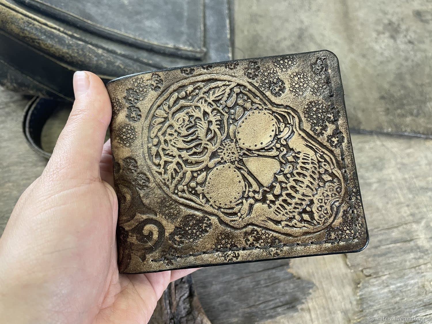 Handcrafted 3D Sugar Skull Men's Genuine Leather Wallet - Custom Carved & Tooled Biker Wallet with Airbrush Art - Perfect for Motorcycle Enthusiasts & Unique Gift Giving