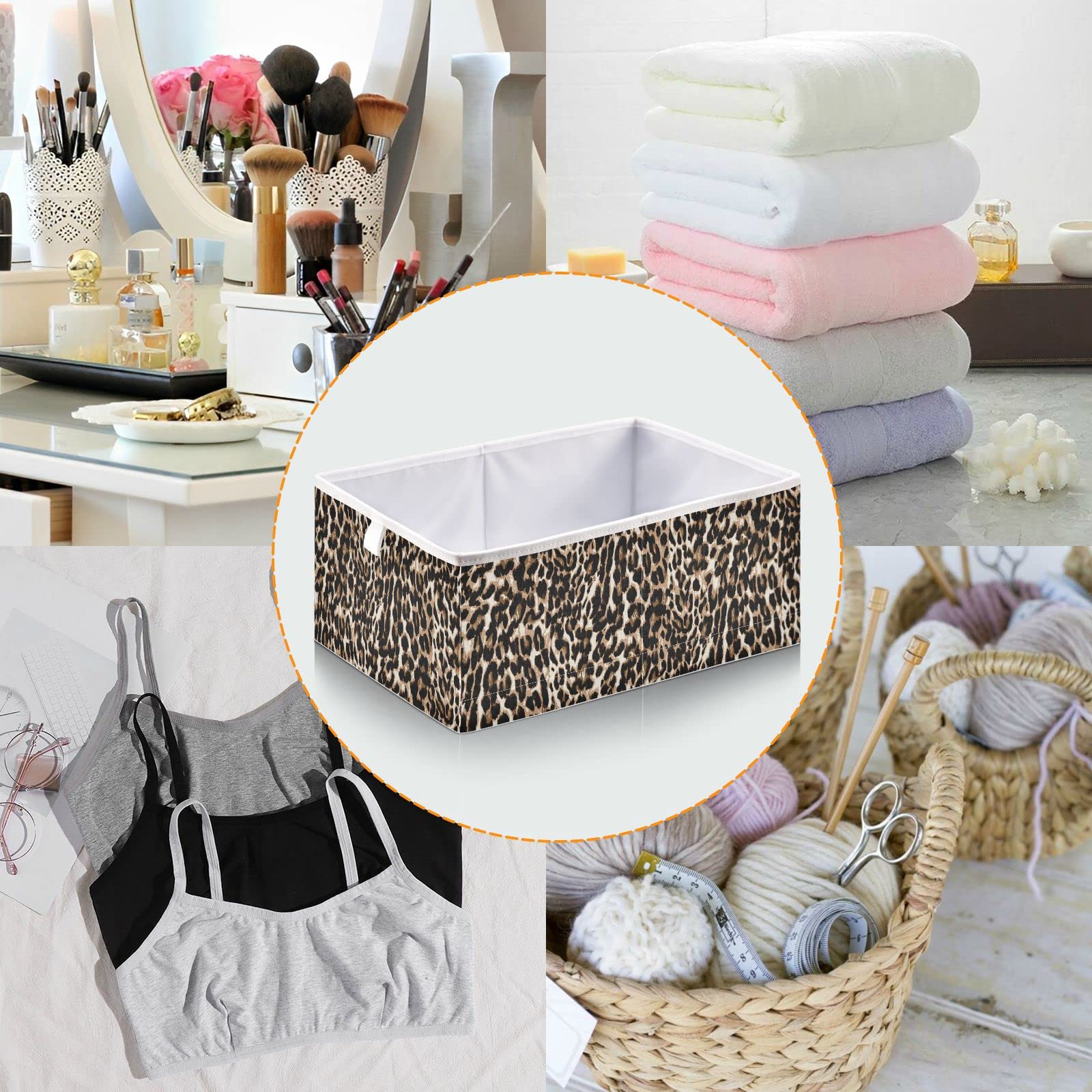 DOMIKING 11 Inch Foldable Fabric Storage Bins with Sturdy Handles - Leopard Print Closet Organizers, Shelf Baskets for Bedroom & Linen Closet (Set of 6) - Perfect for Home Organization, Kids' Room Storage & Office Supplies