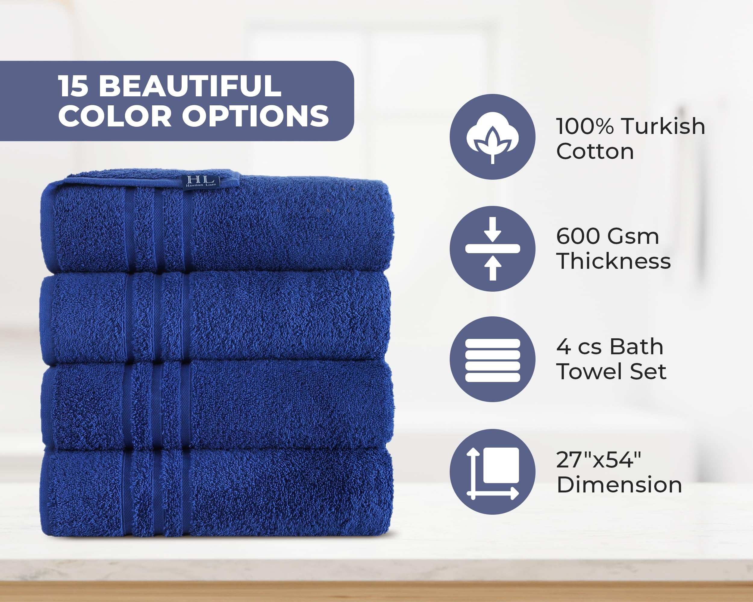 Premium 100% Cotton Bath Towels 4 Pack - Soft, Absorbent 600 GSM Linen Royal Blue Towels for Spa, Bathroom & Beach | Hawmam Luxury Towel Set for Daily Use & Gifts