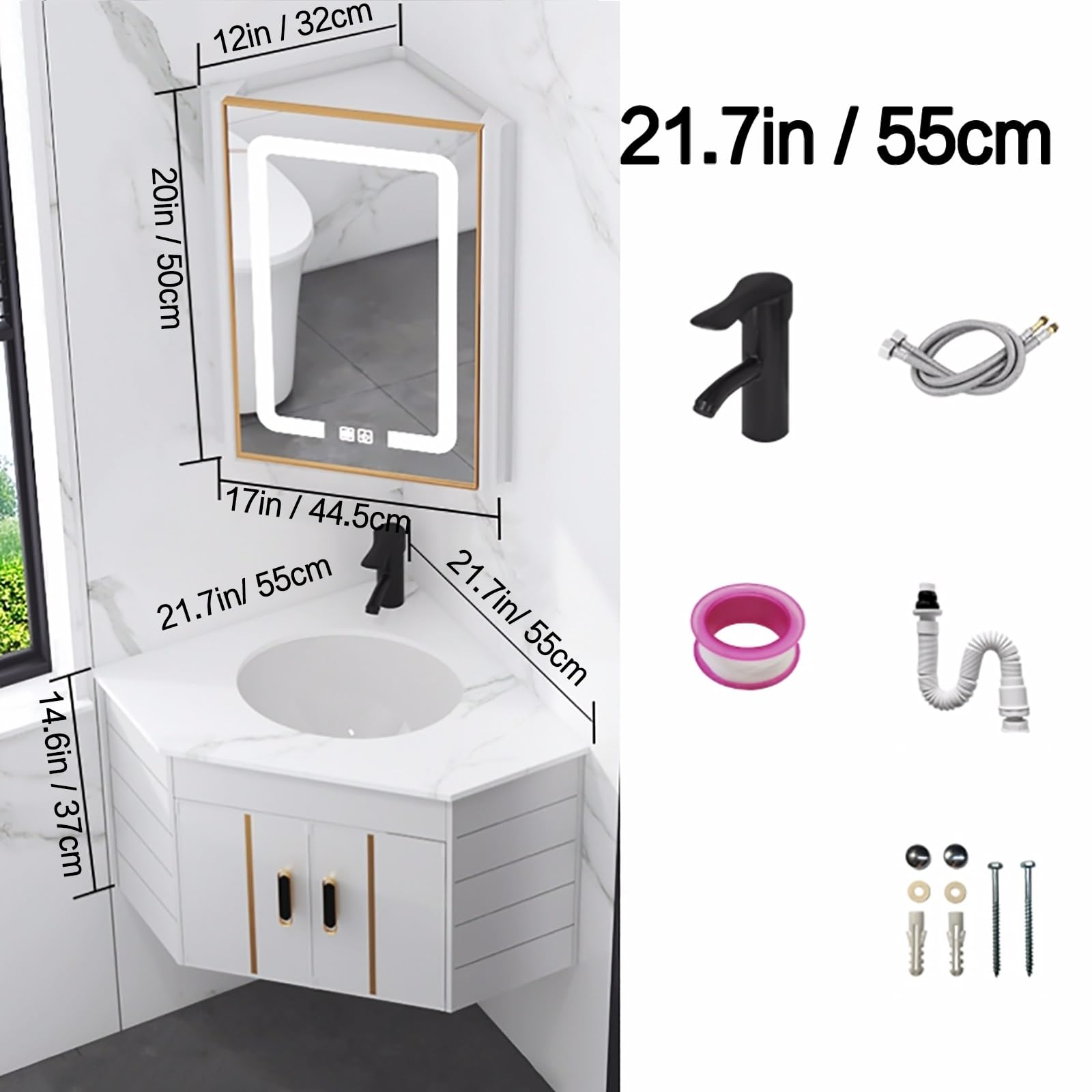 Corner Ceramic Sink Vanity Set with Anti-Fog LED Mirror & Storage Cabinet - Wall Mounted Modern Bathroom Furniture for Small Spaces (White) - Perfect for Compact Bathrooms, Powder Rooms, and Space-Saving Home Designs