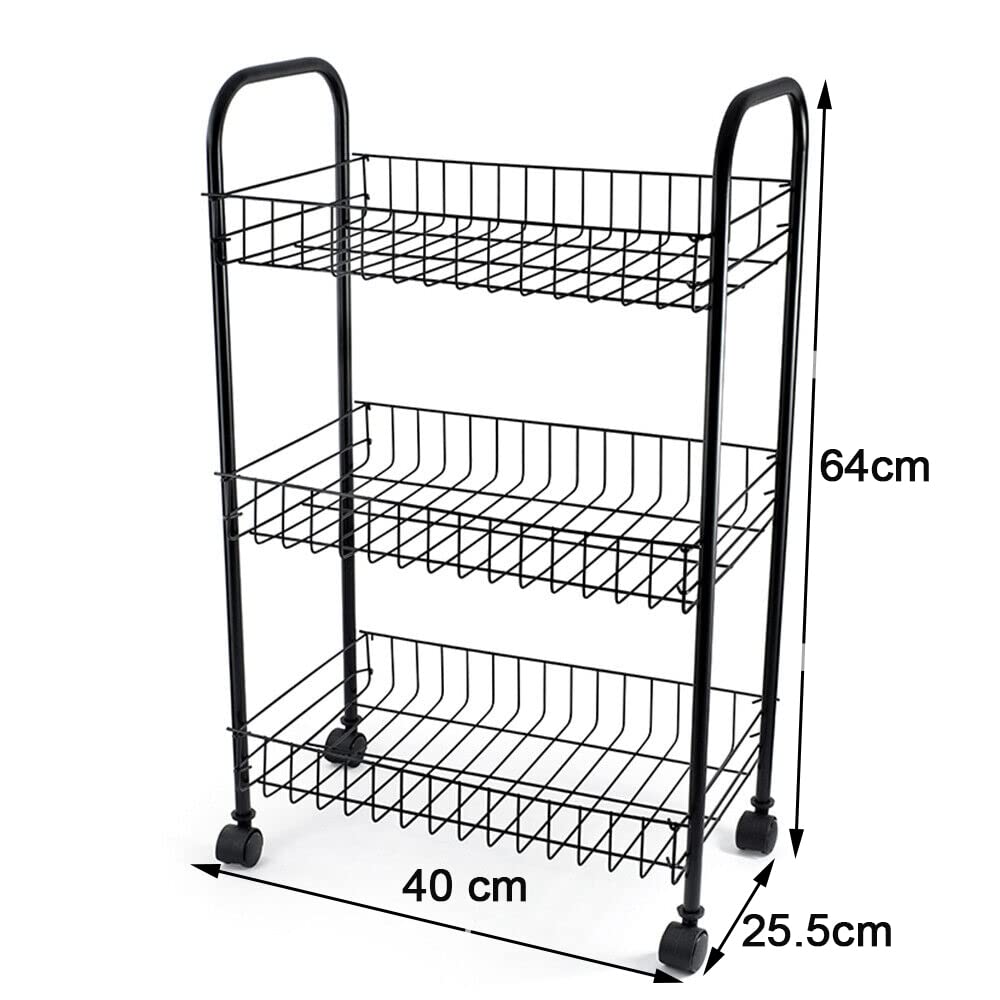 3-Tier Rolling Kitchen Storage Cart - Black Organizer Basket for Fruits, Vegetables, Books & Tools | Space-Saving Mobile Trolley for Pantry, Office, Dorm & Garage Organization