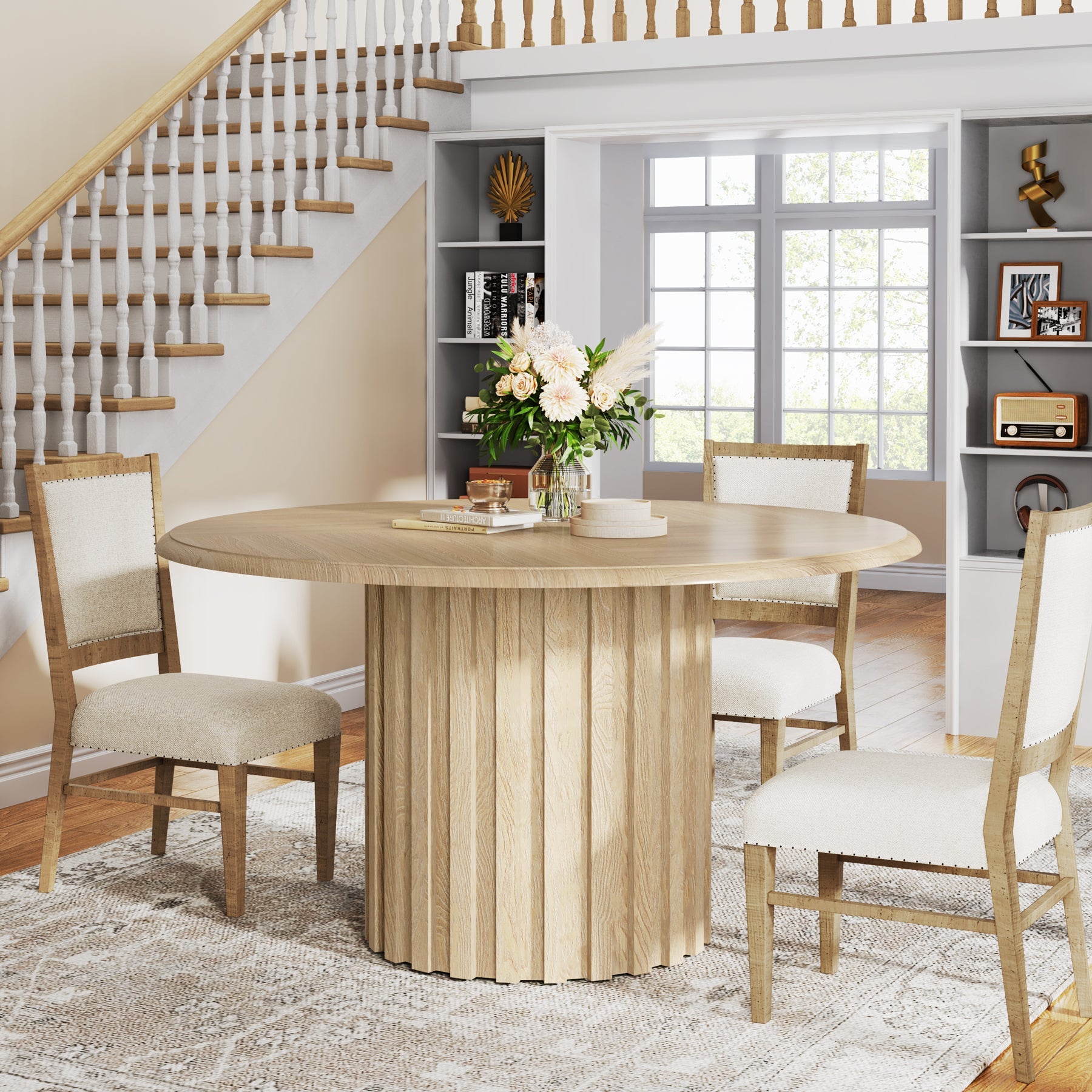 Farmhouse Round Dining Table 43.3 Inch - Rustic Kitchen Table with Sturdy Metal Base - Seats 4 - Perfect for Small Spaces, Breakfast Nooks & Cozy Family Meals