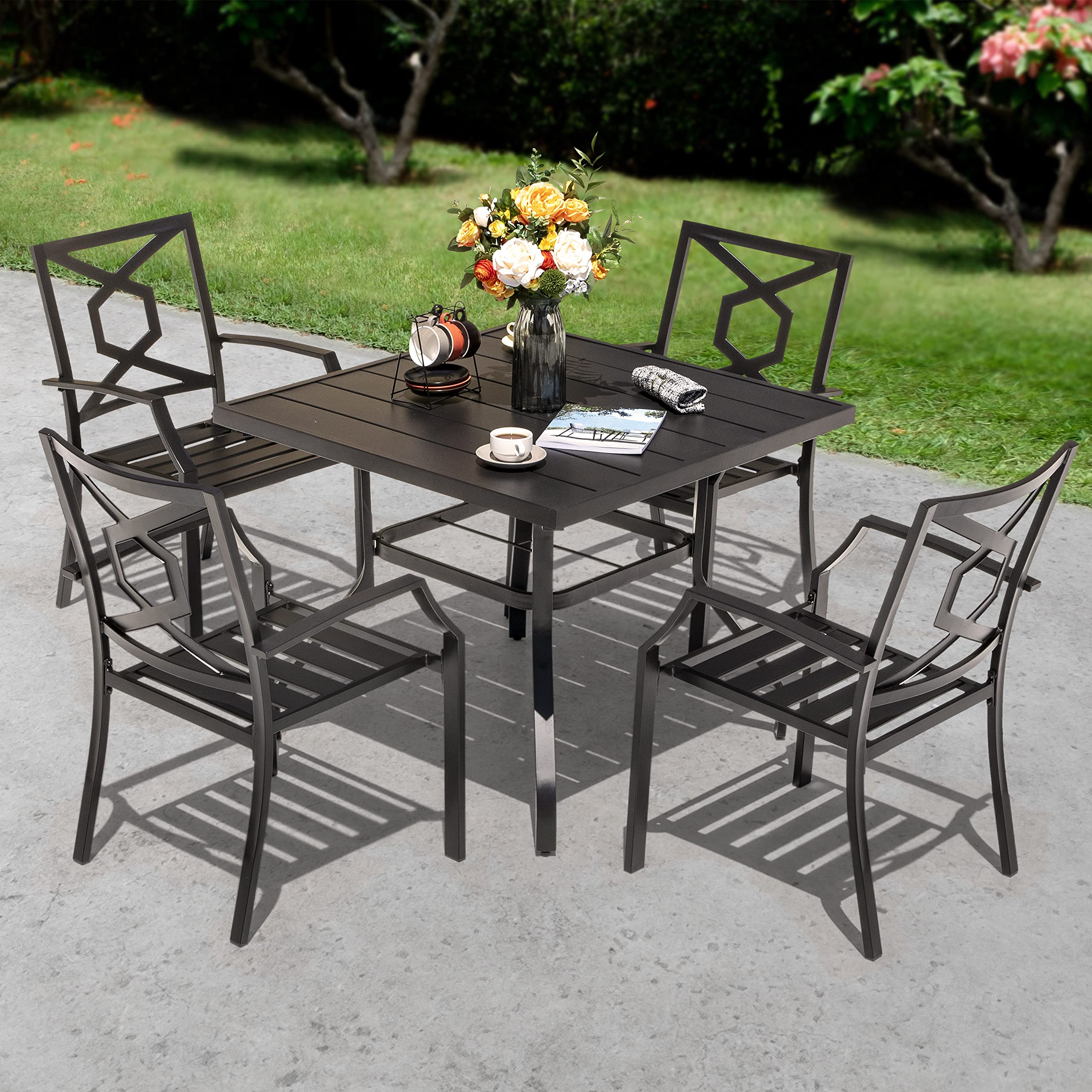 NUU GARDEN 5-Piece Black Wrought Iron Outdoor Dining Set with Square Table & 4 Stackable Chairs - Patio Furniture with Umbrella Hole for Lawn, Backyard, Balcony, Garden & Poolside Dining