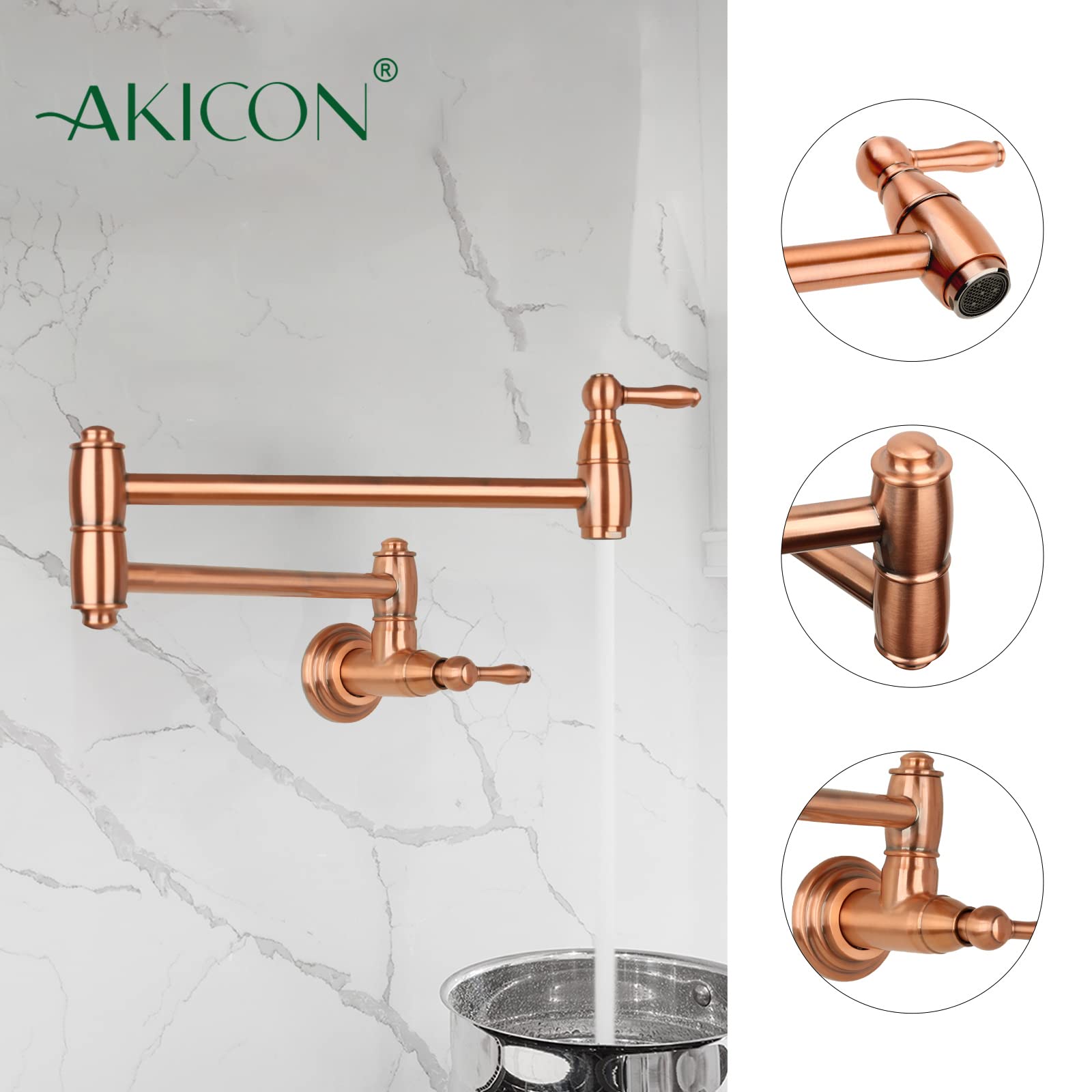 Akicon Wall Mounted Copper Pot Filler Kitchen Faucet - Adjustable Swing Arm with Double Joint for Easy Filling - Perfect for Stovetop Cooking, Soup Making & Large Pot Watering