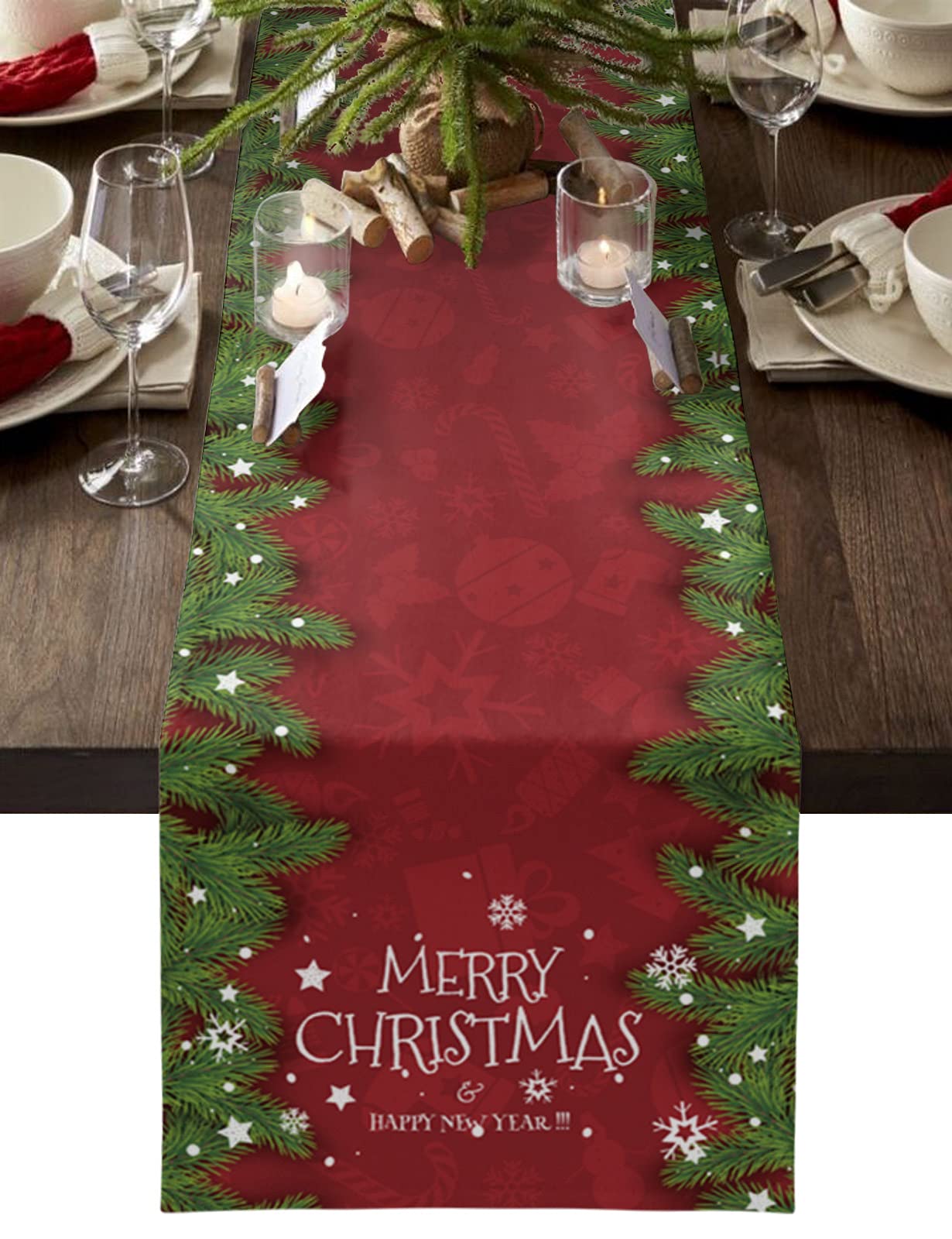 120 Inch Christmas Table Runner with Snowflakes & Pine - Red Holiday Table Decor for Kitchen, Dining, Living Room - Perfect for Xmas Parties, Home Decor & Festive Gatherings (13x120 in)