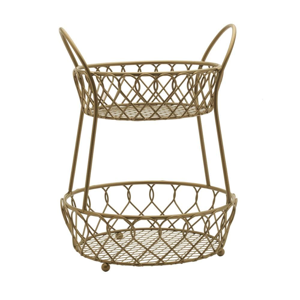 2-Tier Matte Gold Countertop Basket for Kitchen & Bathroom Storage - Organize Fruits, Spices, or Bath Essentials in Style