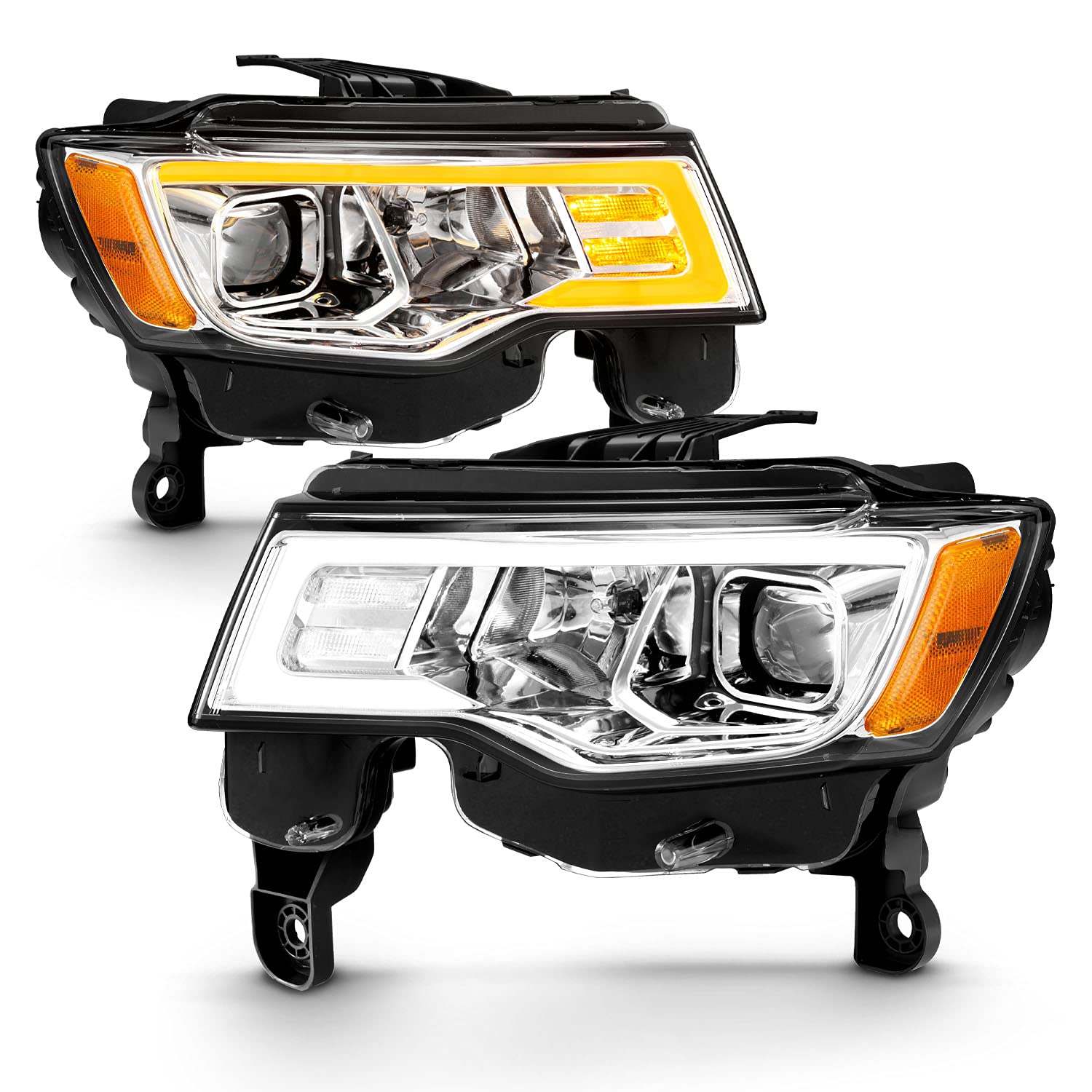2017-2022 Jeep Grand Cherokee LED Headlights - AmeriLite Chrome Square Projector Replacement Headlights with Switchback LED Tube (Driver & Passenger Side) - Upgrade for Night Driving & Off-Road Adventures