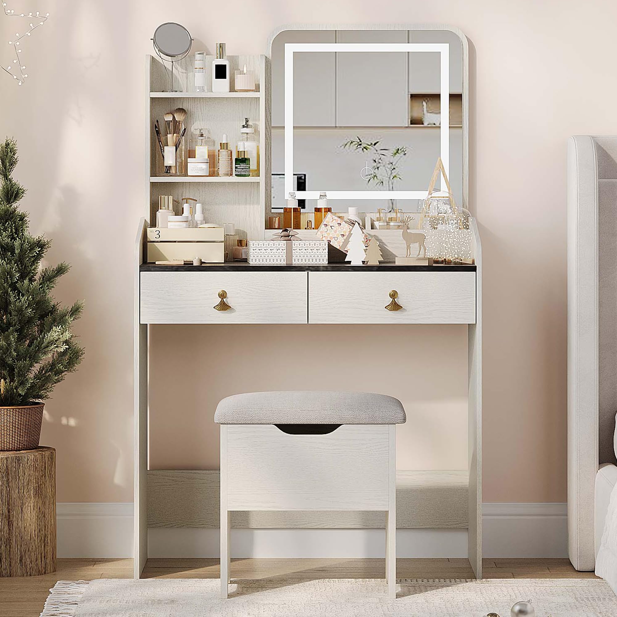 Vanity Desk with LED Light Mirror & USB Charging Station, Small Makeup Vanity Set with 2 Drawers & Storage Stool for Women Girls - White & Grey Tabletop | Perfect for Bedroom, Dorm Room & Beauty Salon