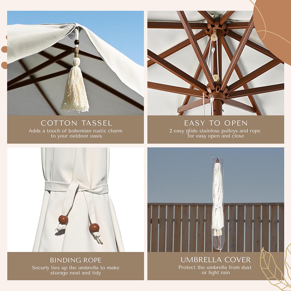 7 ft 8 Rib Wooden Patio Umbrella with Boho Fringe - Outdoor Shade for Garden, Poolside & Backyard - Durable 5-10 Year Warranty - TheLAShop
