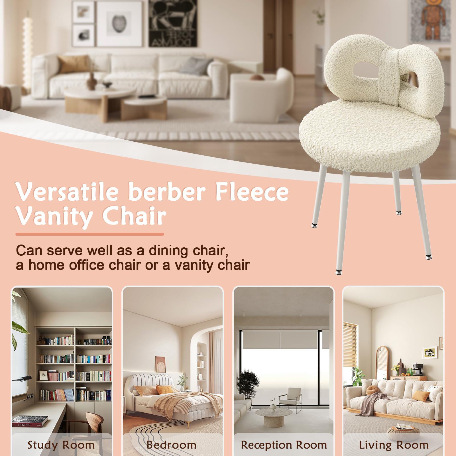 ROOMTEC Small Swivel Vanity Chair with Back - Comfy Armless Makeup Stool for Girls, Modern Bedroom & Living Room Accent Chair for Reading, Dressing Table, Home Office (White)