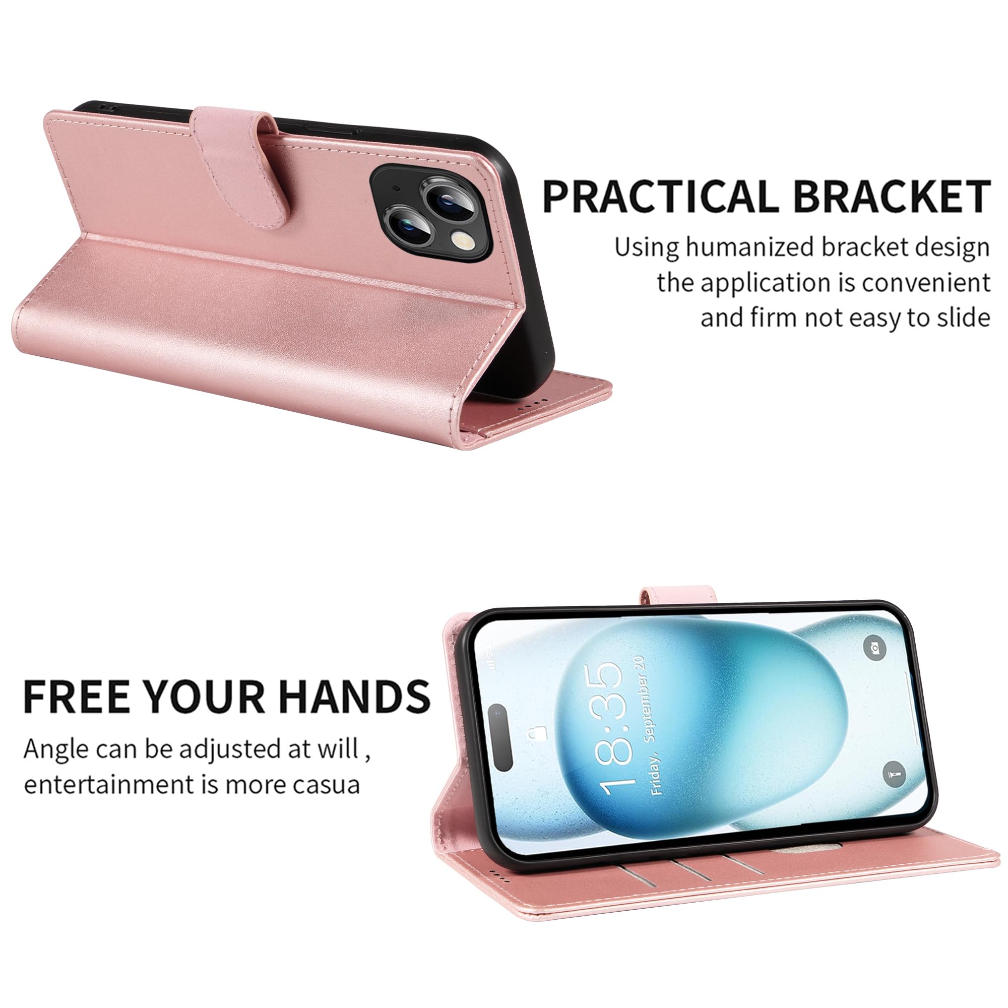Premium Genuine Leather iPhone 15 Wallet Case with RFID Blocking, Kickstand & Magnetic Closure - Anti-Theft Credit Card Holder for Cash & Cards (Rose Gold) - Perfect for Travel, Work & Daily Protection