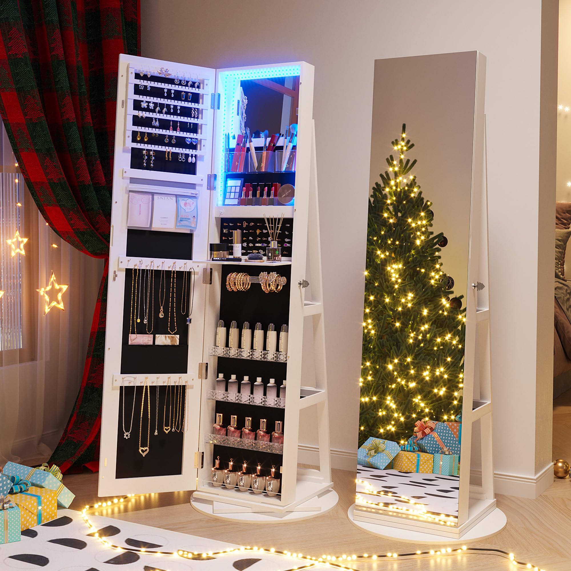 360° Rotating Jewelry Armoire with LED Lights & Full Length Mirror - 63