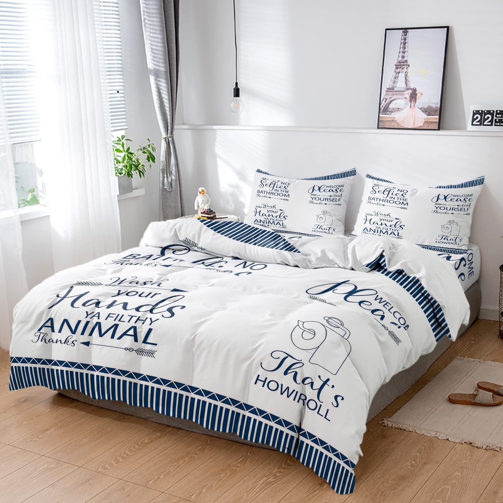 LAMANDA 4-Piece King Size Duvet Cover Set - Ultra Soft Breathable Bedding with 2 Pillowcases, Blue Stripe White Back Quilt Cover for All Seasons | Perfect for Master Bedroom, Guest Room & Dorm Decor