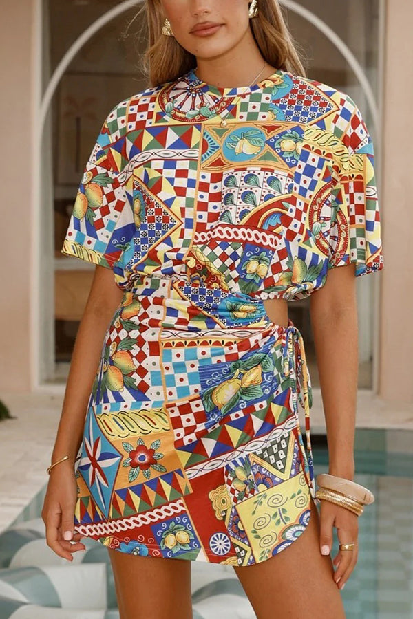 Stylish Geometric Print Short Sleeve Tie Waist Mini Dress for Women | Summer Casual Party Outfit | Perfect for Beach Vacations, Date Nights & Brunch Dates