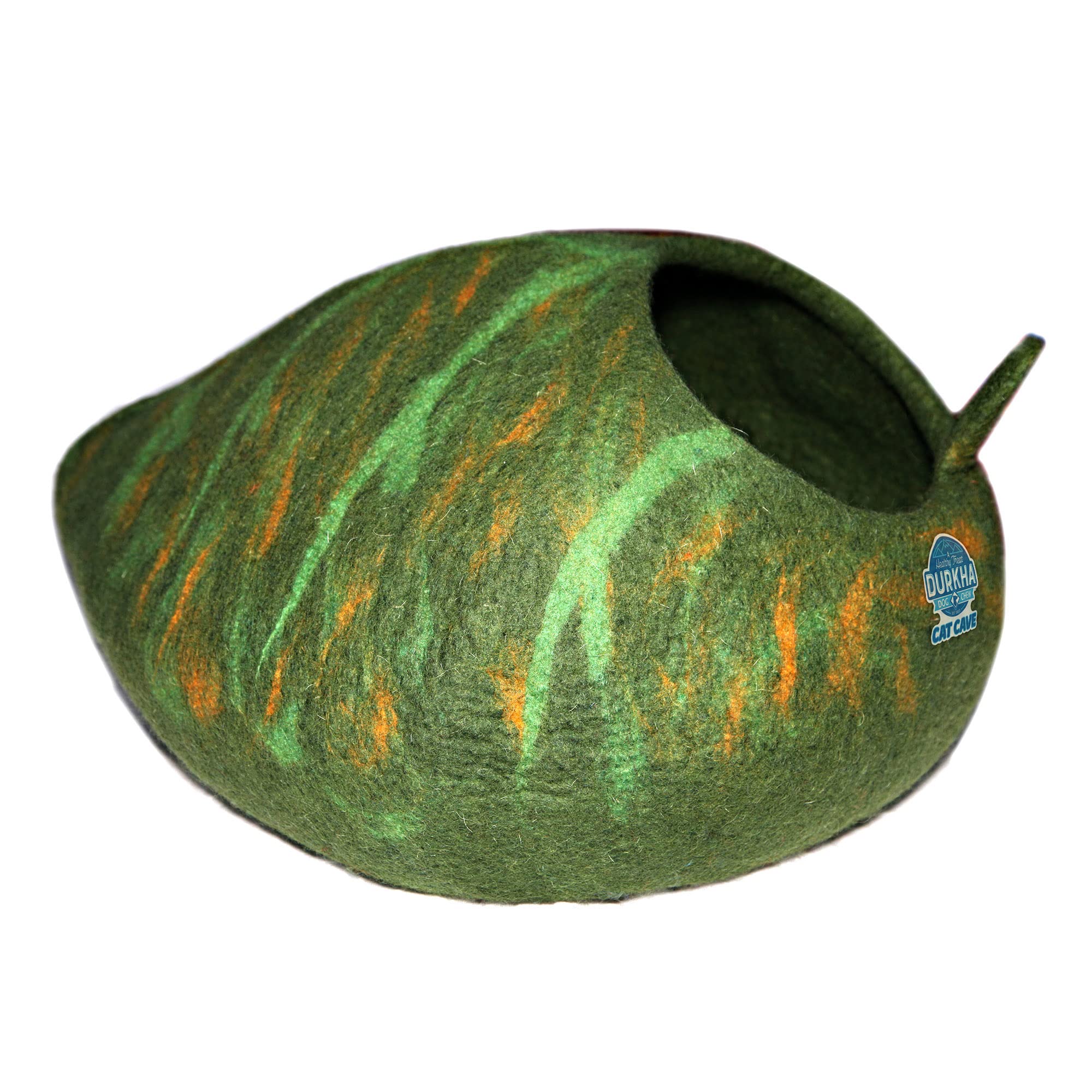 Cozy Felt Cat Cave Bed - Handmade Wooly Covered Cat Bed for Indoor Cats, Dome Shaped Cat Pod with Dark & Light Green Pattern | Perfect for Napping, Hideaway & Warm Shelter for Kittens