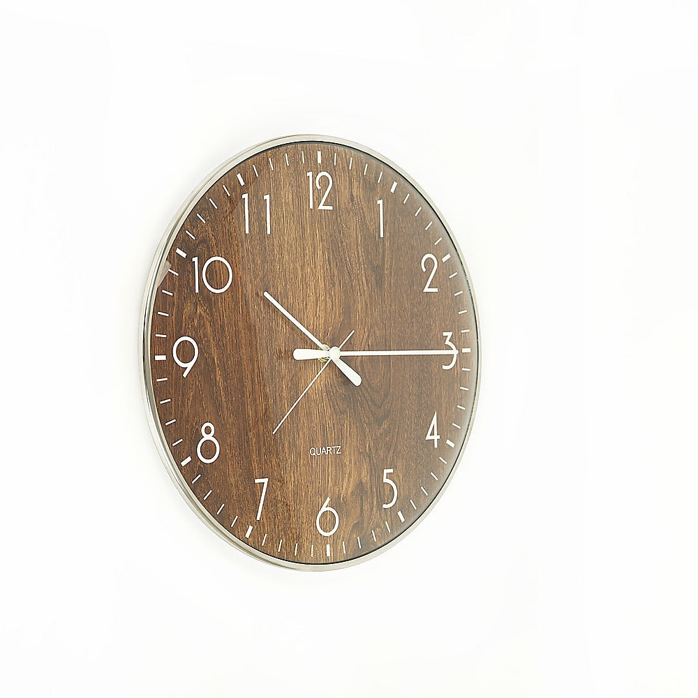 14 Inch Round Wall Clock - Silent Non-Ticking Quartz Battery Operated - Wood Grain Finish - Perfect for Living Room, Bedroom, Office & Home Decor