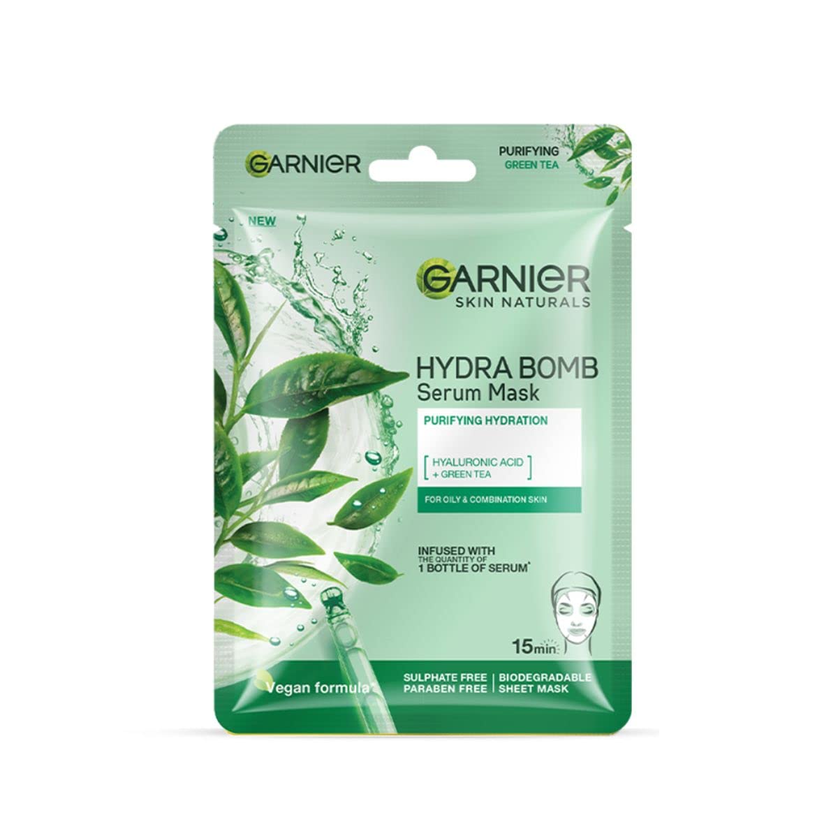 Garnier Skin Naturals Hydra Bomb Green Tea Serum Mask - Purifying & Pore Reducing Facial Sheet Mask, 1pc (28g) - Deep Hydration for Oily & Combination Skin