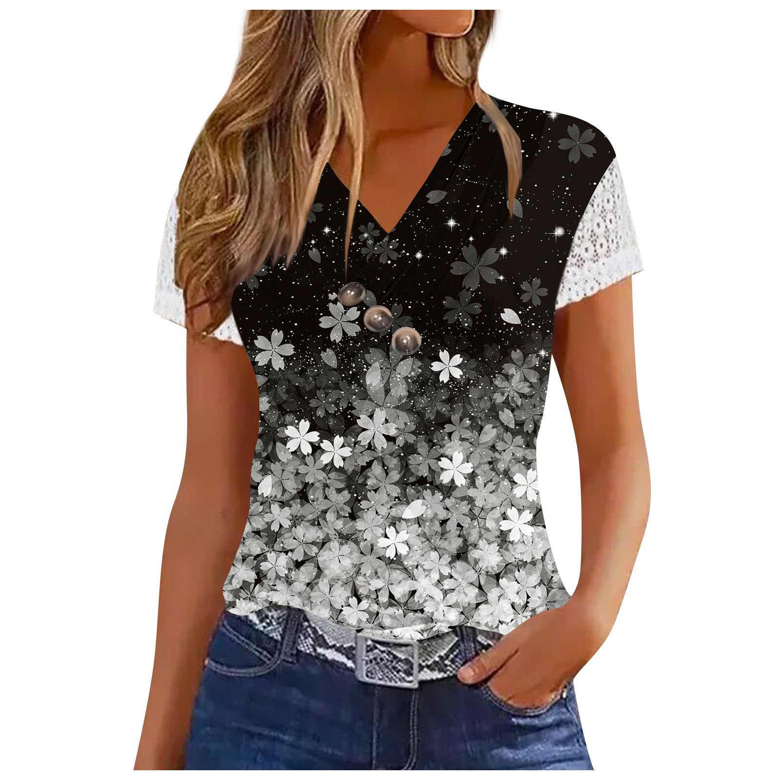 Women's Short Sleeve Tops - Summer Pleated V-Neck Button Down Shirts with Printed Design | Loose Fit Casual & Work T-Shirts | Trendy Tees for Office, Weekend Outings & Summer Vacations