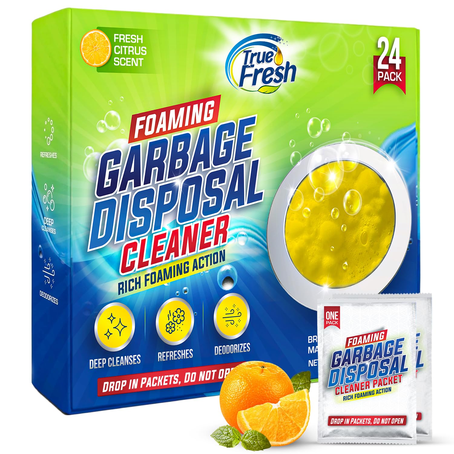 True Fresh Garbage Disposal Cleaner & Deodorizer Packets - 24 Pack | Foaming Kitchen Sink Cleaner with Fresh Citrus Scent | Drain & Garburator Disposer Maintenance | 1 Year Supply | Eliminates Odors & Keeps Pipes Clean for Daily Kitchen Use