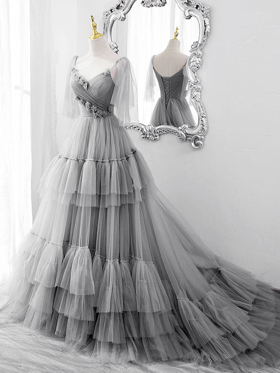 Elegant Blue V-Neck Tulle Long Prom Dress for Women - Formal Evening Gown for Homecoming, Ball, and Special Occasions