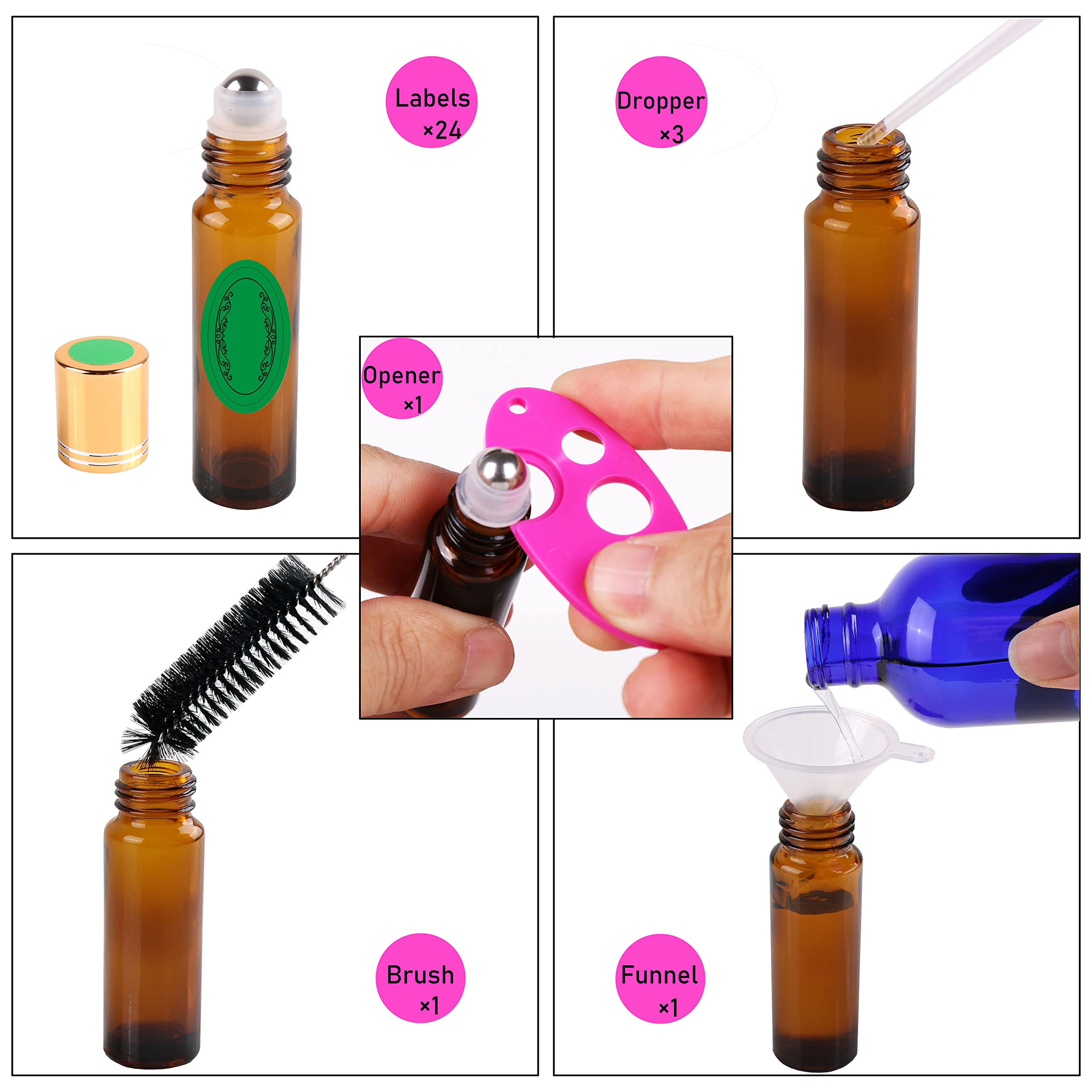 24 Pack 10ml Amber Glass Roller Bottles for Essential Oils - Aromatherapy Roll On Bottles with Stainless Steel Balls & Metal Caps | Perfect for DIY Blends, Travel & Gift Giving
